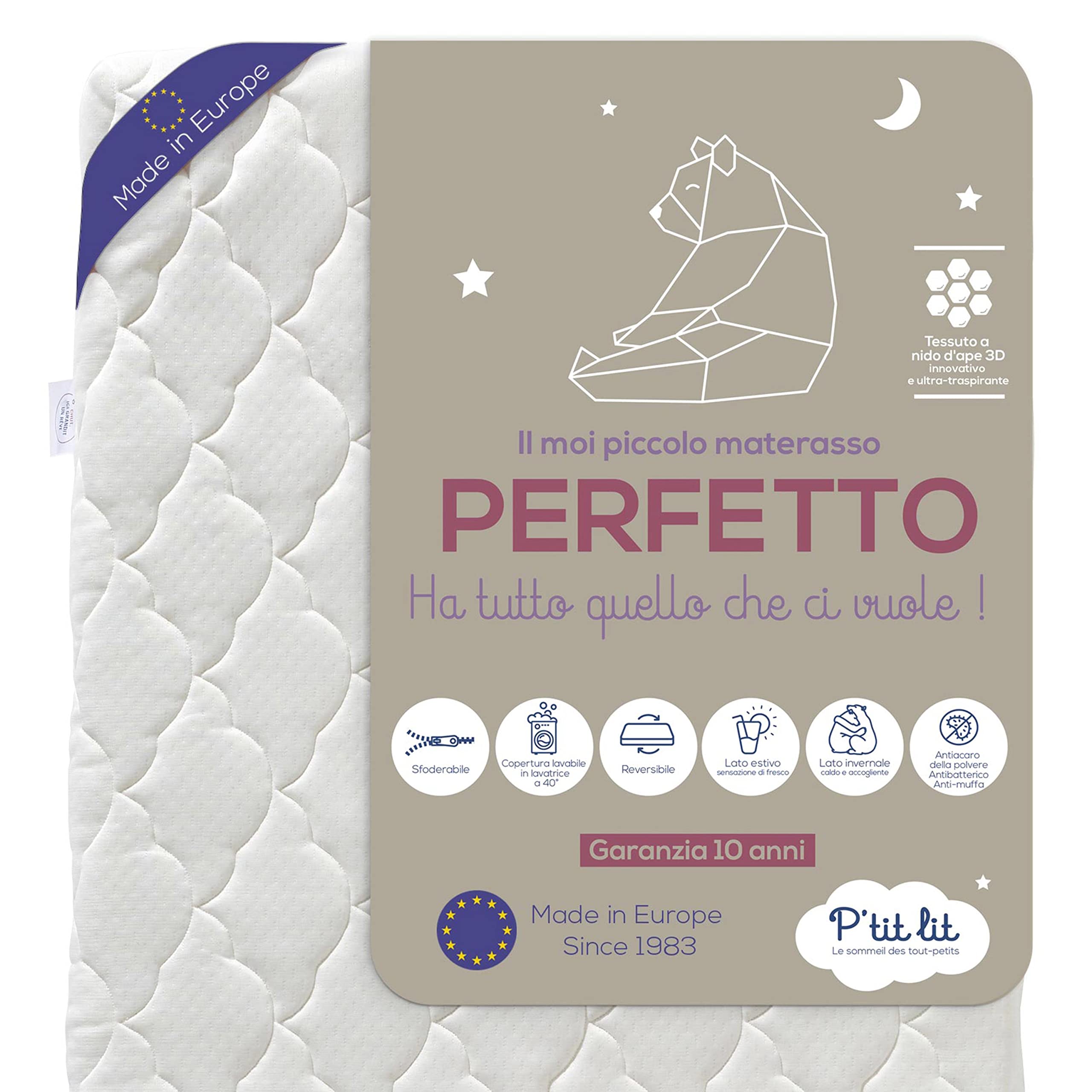 P'tit lit - Materasso Lettino Bambino Perfetto | 70x140 cm | 2 lati : Ultra traspirante l'estate/caldo e avvolgente l'inverno | Antiacaro | Sfoderabile | Spessore fino a 10 cm