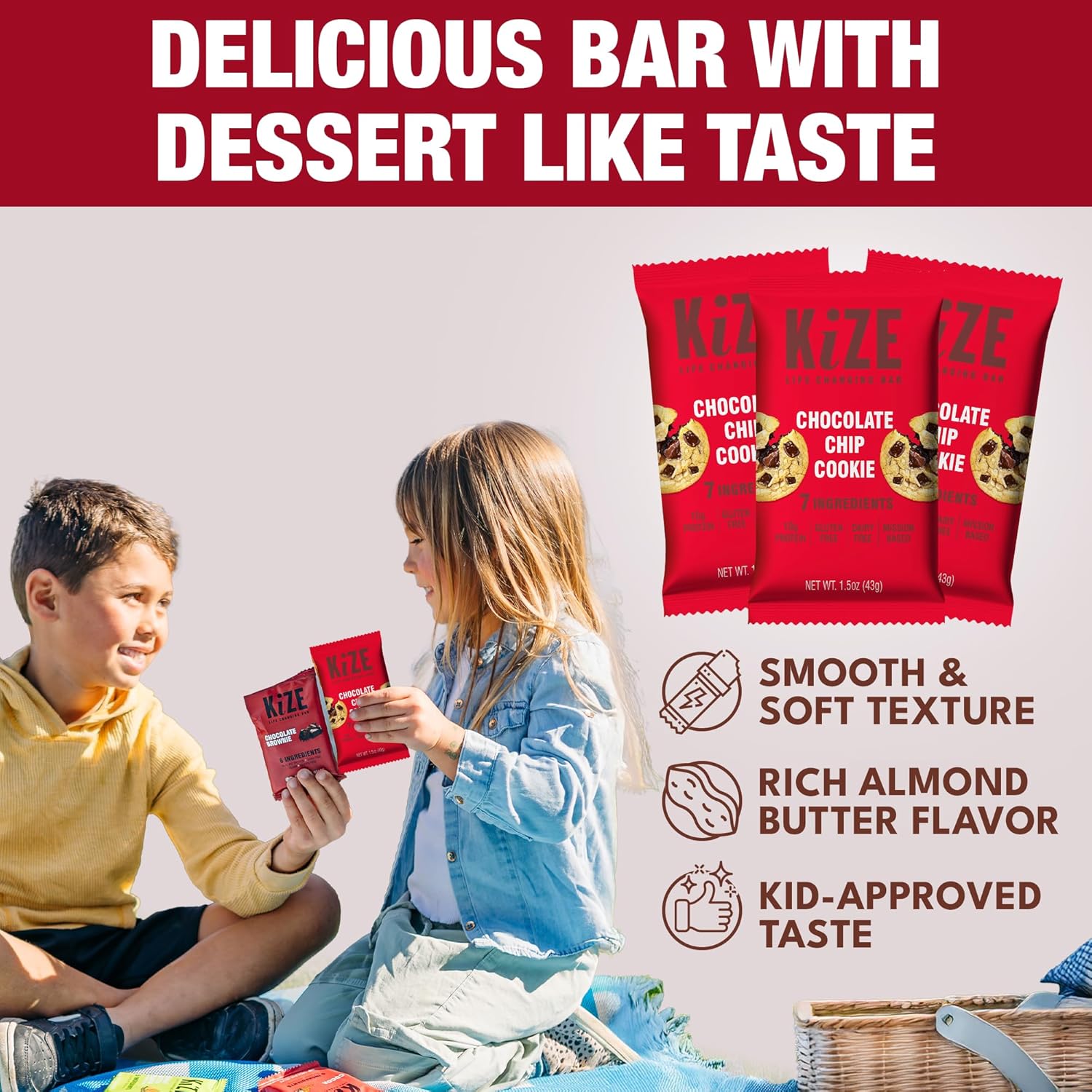 KiZE Energy Bars - Chocolate Chip Cookie - 20 Count - Almond-Butter-Based, Gluten Free, Dairy Free, Non-GMO, and High Protein Meal Replacement Energy Bars, Clean and Simple Food Ingredients - 10g High Protein Snacks (20 Count)