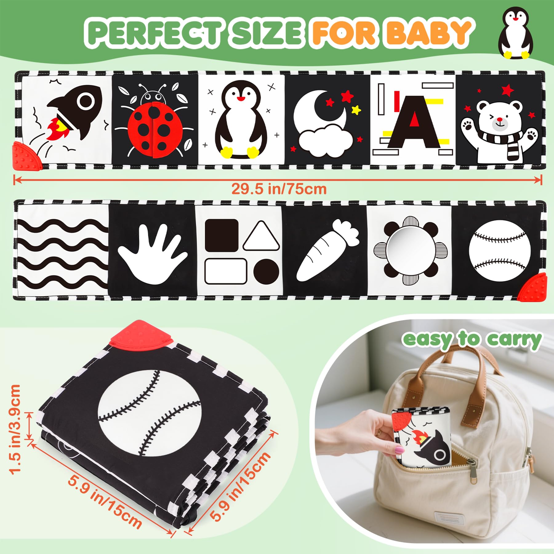 Juguetes para bebés de alto contraste para recién nacidos, tiempo boca abajo, juguetes para bebés en blanco y negro para 0-3-6-12 meses, libro sensorial de estimulación visual Montessori suave 2