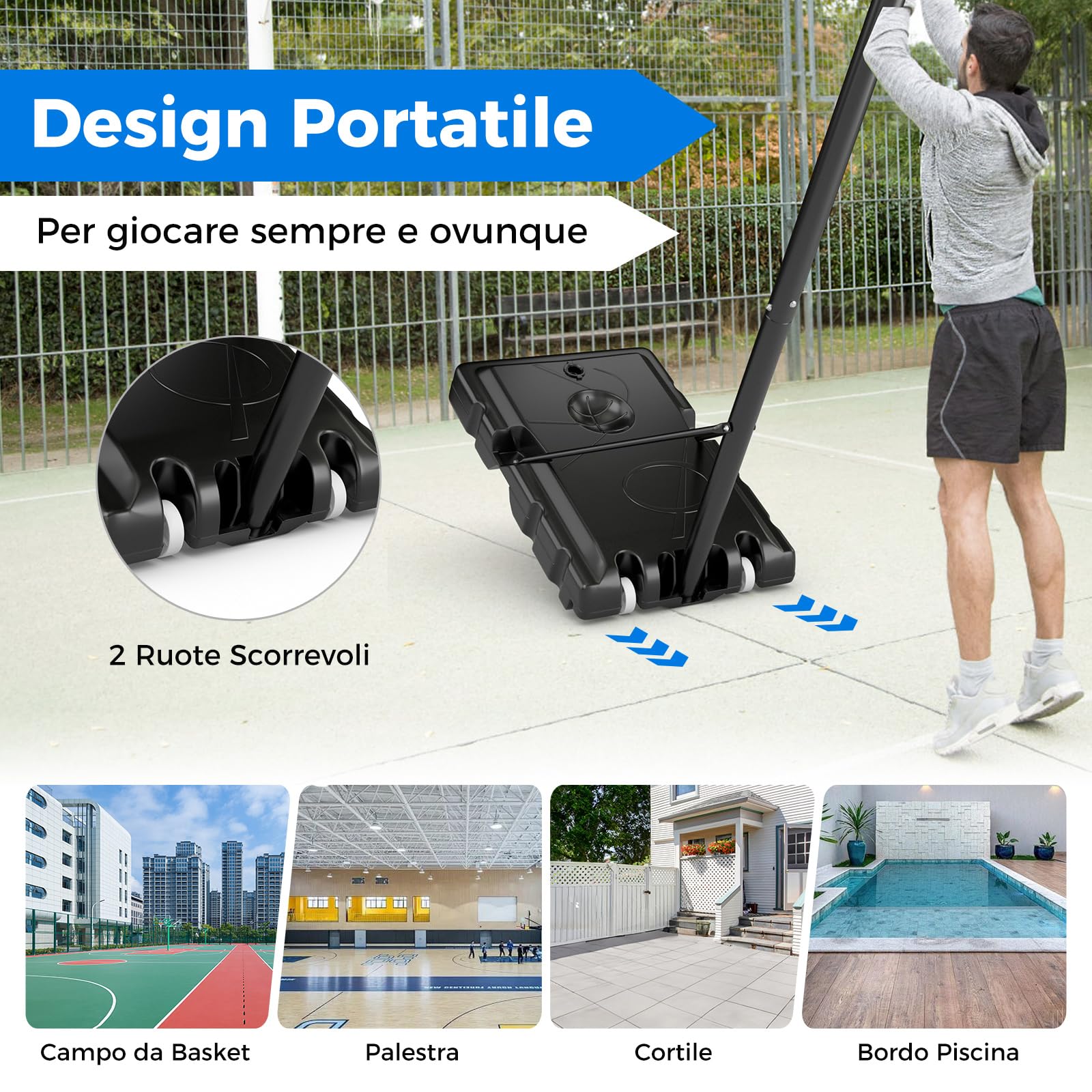 COSTWAY Canestro da Basket da Esterno per Adulti Professionale, Canestro da Basket Portatile e Regolabile 149-305 cm con Tabella Indistruttibile, 2 Ruote, Base Riempibile e Sacchetto di Pesi