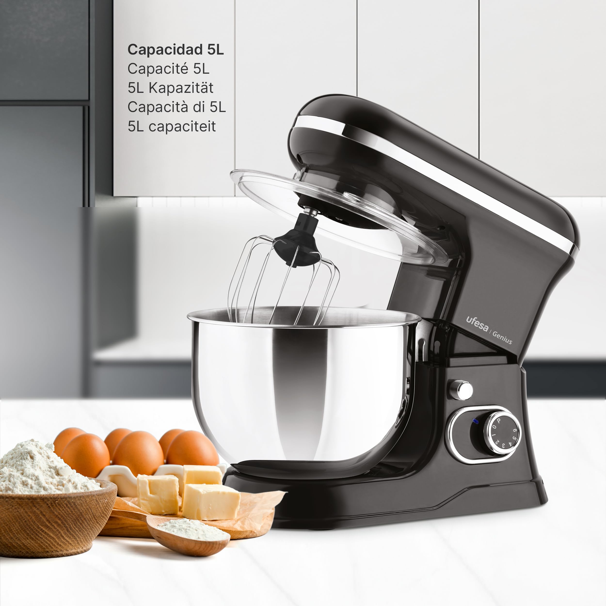 Ufesa Genius Robot Pâtissier 5 en 1 pour Pâtisserie Professionnelle, 1200W, 5L, Robot de Cuisine Multifonction, Bol en Acier Inoxydable, 6 Vitesses + Turbo, 3 Accessoires Inclus, Sans BPA