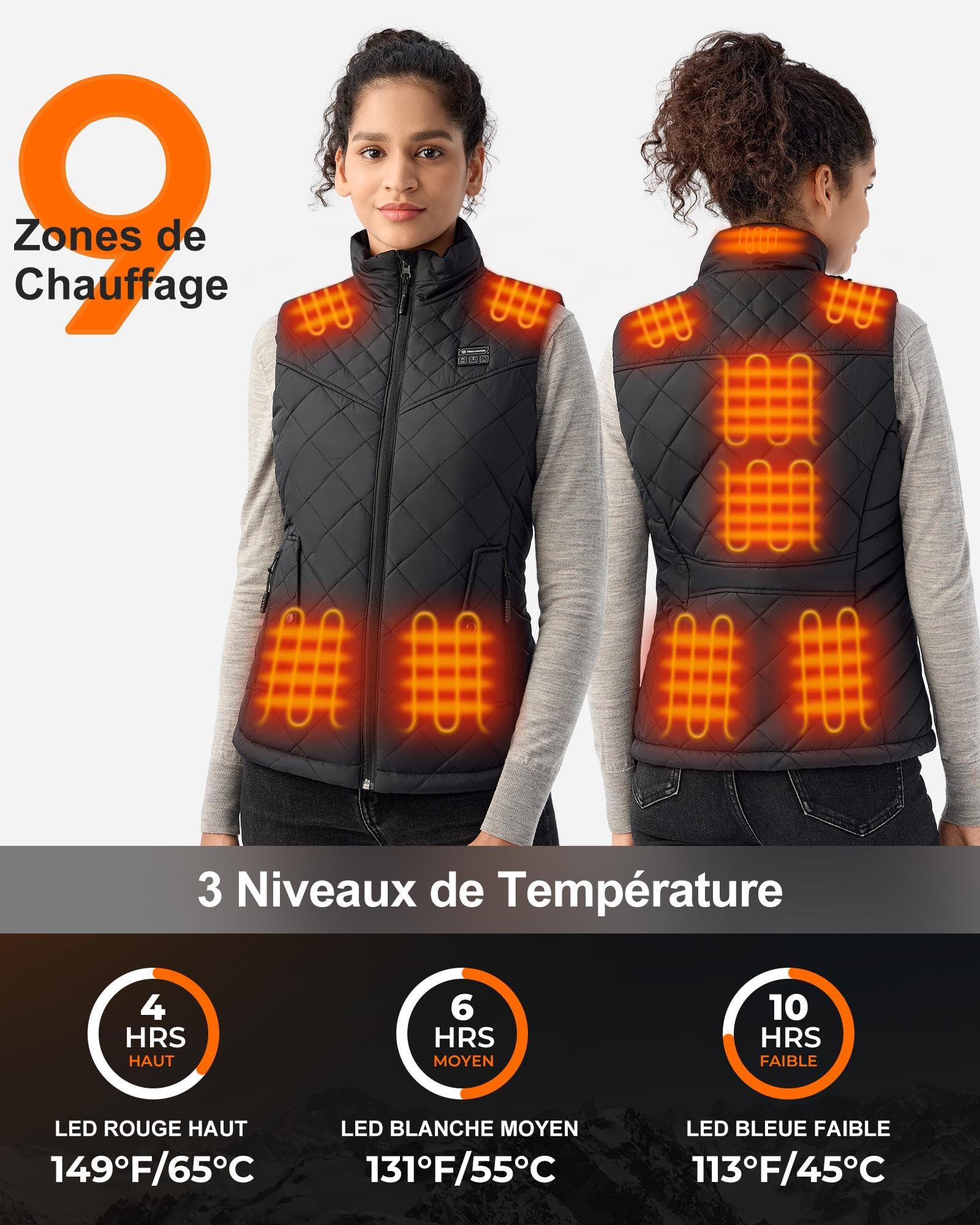 Gilet Chauffant Femme avec Batterie incluse 16000mAh 7.4V, Veste Chauffante Femme Conception Sans Lumières, Gilet Chauffant Electrique pour de Plein Air Sports Hiver