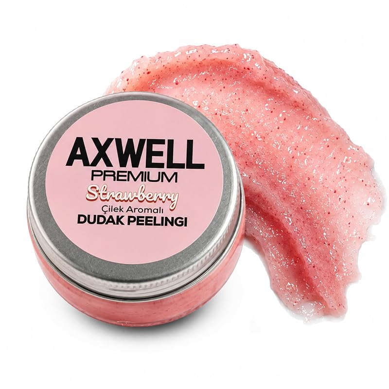 Esfoliante labial AXWELL com cristais de sal, fragrância de morango, Vitamina E e óleo de amêndoas, 30 mL
