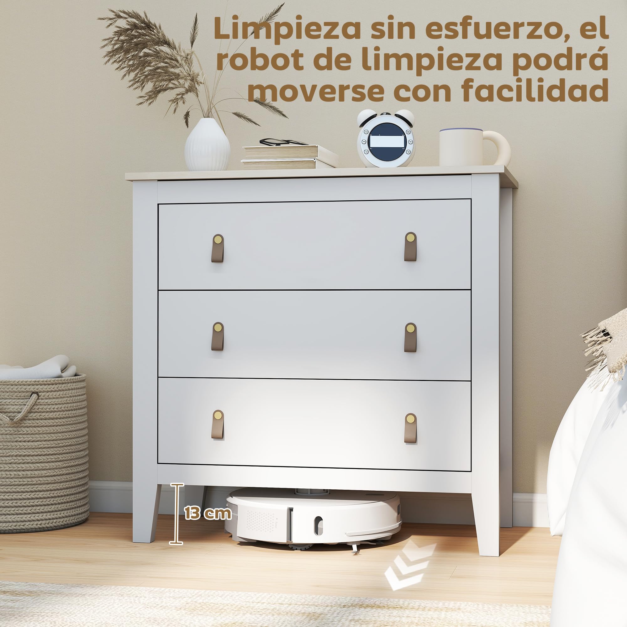 HOMCOM Cómoda de 3 Cajones Tiradores de PU Cajonera 80x40x78,5 cm Blanco | Cómoda para Dormitorio, para Salón Pasillo