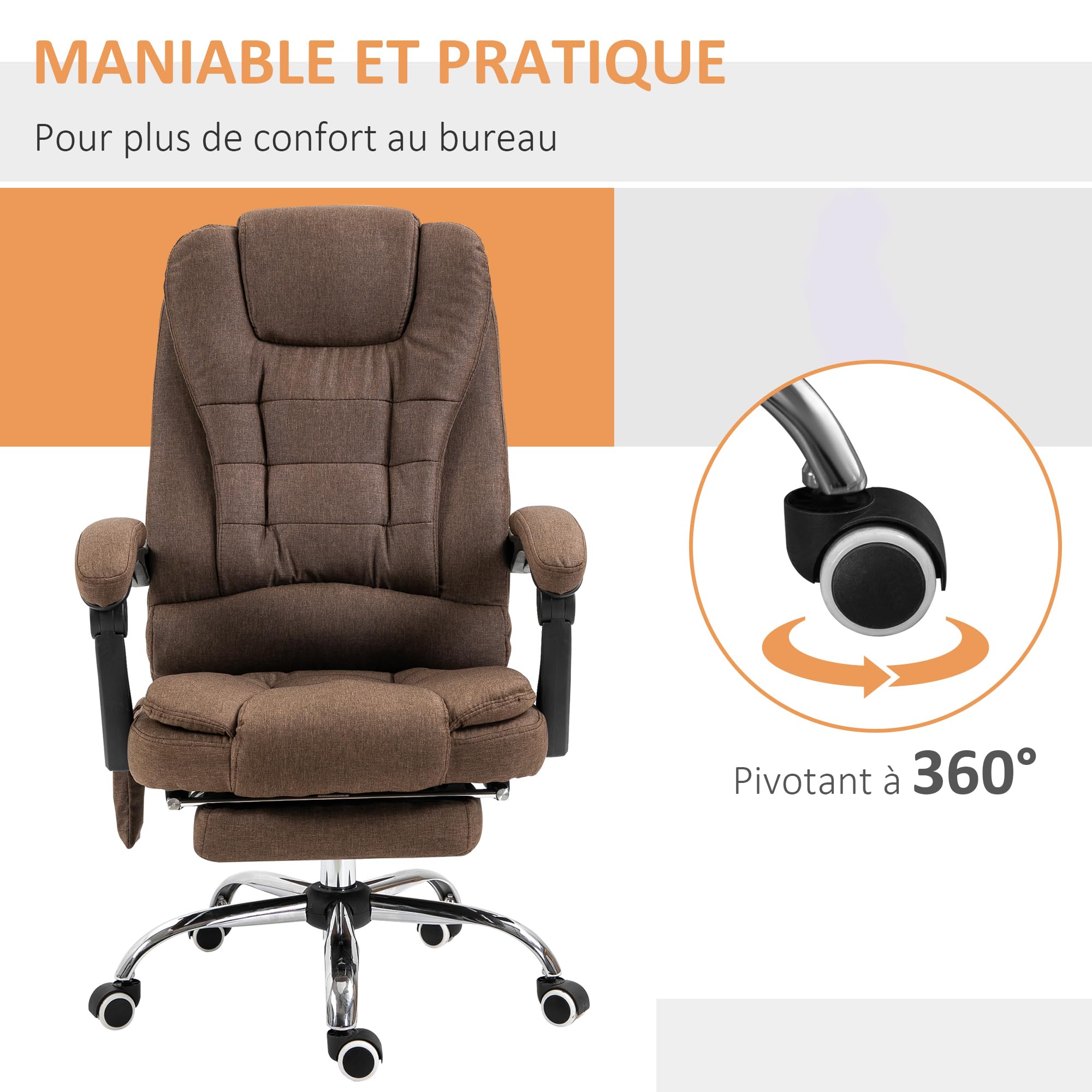 Vinsetto Bürosessel Massagegerät beheizbar ergonomischer Bürosessel höhenverstellbar Rückenlehne neigbar Fußstütze + integriertes Lendenkissen braun