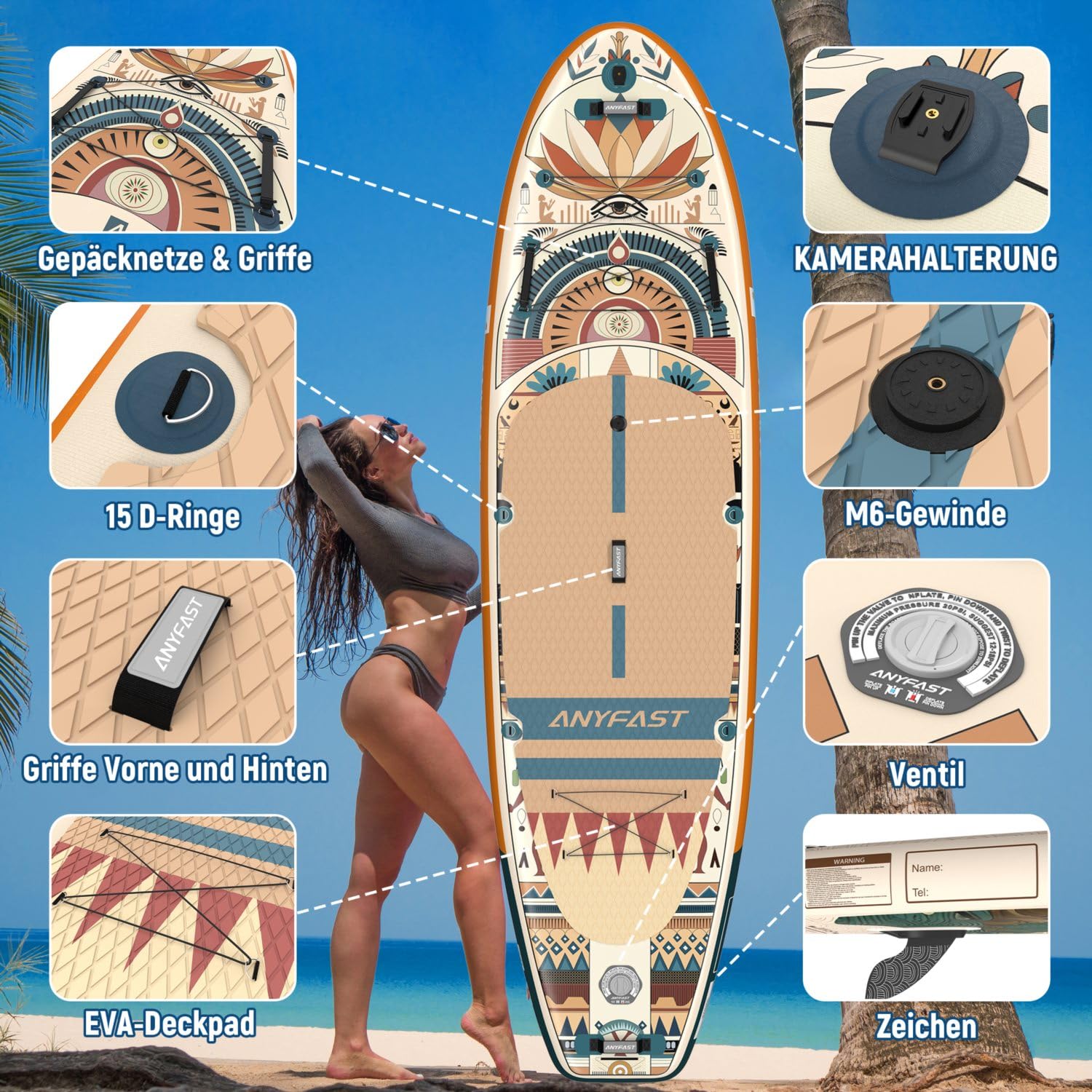 ANYFAST Stand up Paddle-Board-Wide-Gonfiabile-Pesca-Paddleboard - Ultra Stabile Wide SUP, pompa, porta macchina fotografica, guinzaglio, zaino, accessori, giovani/adulti