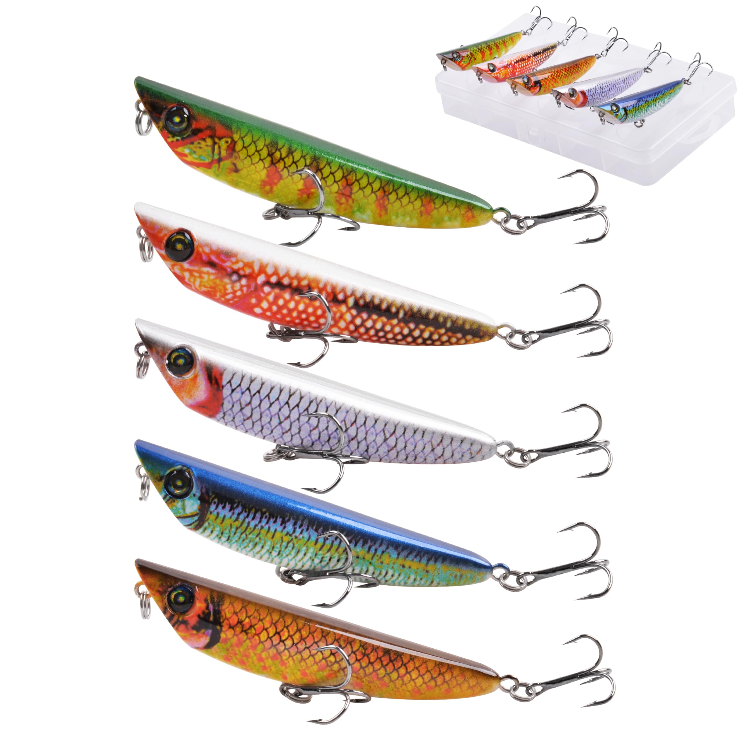 5pcs Fishing Pencil Lures Kit, Slow Sinking Hard Bait Popper Lure for Bass Trout Walleye Redfish Salmon Freshwater Saltwater