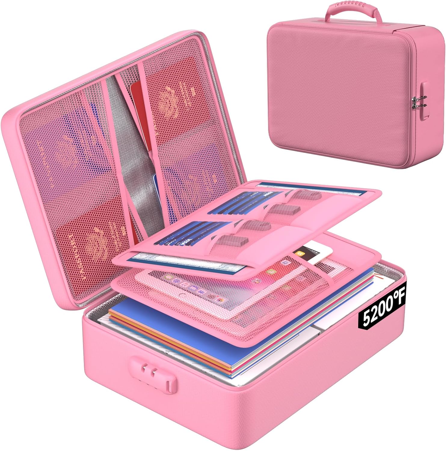 ENGPOW 5200F Fireproof Document Bag with Lock, Upgraded Heat Insulated Fireproof and Waterproof Box 8 Layers Document Organizer, Portable Home Travel Safe Storage Box for Important Files, Laptop, Pink