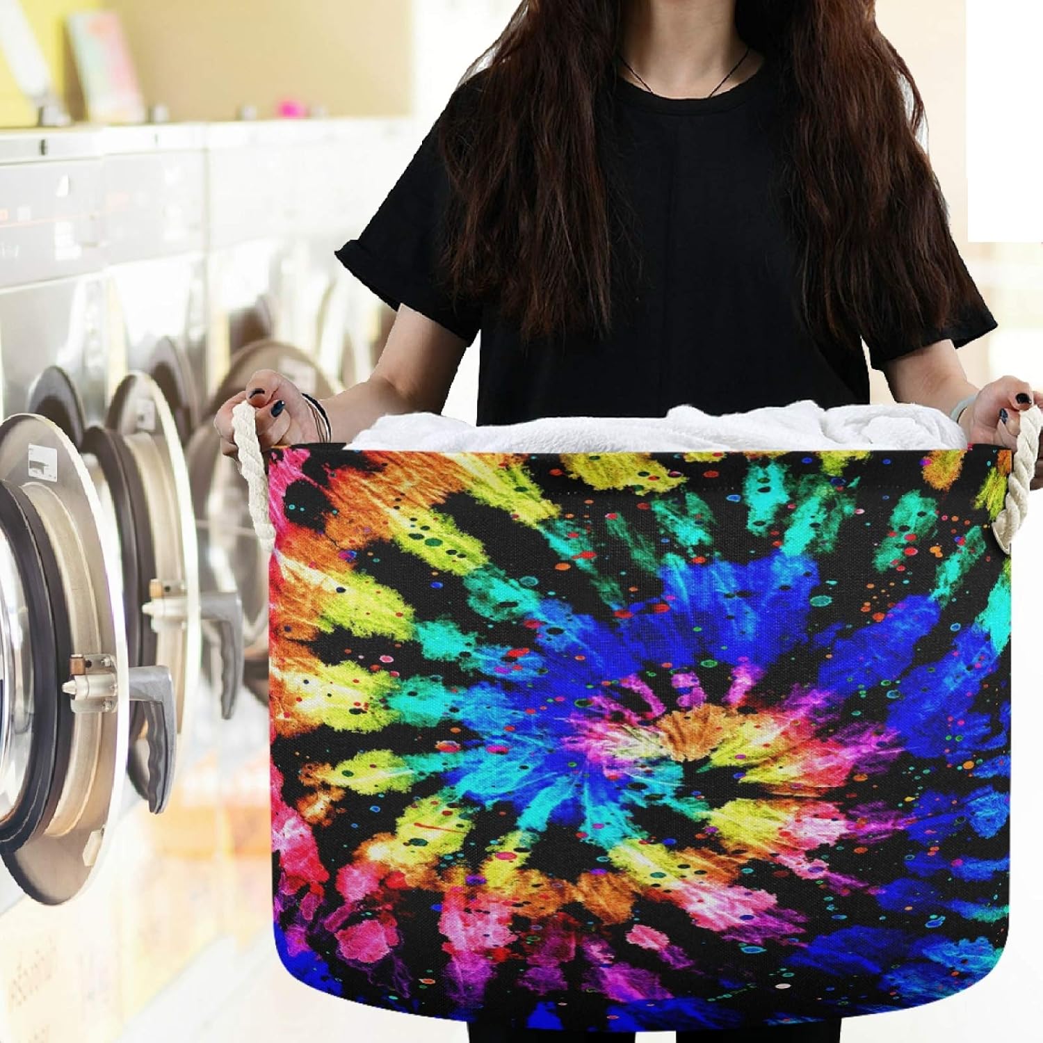 visesunny Collapsible Large Capacity Basket Colorful Style Tie Dye Clothes Toy Storage Hamper with Durable Cotton Handles Home Organizer Solution for Bathroom, Bedroom, Nursery, Laundry,Closet