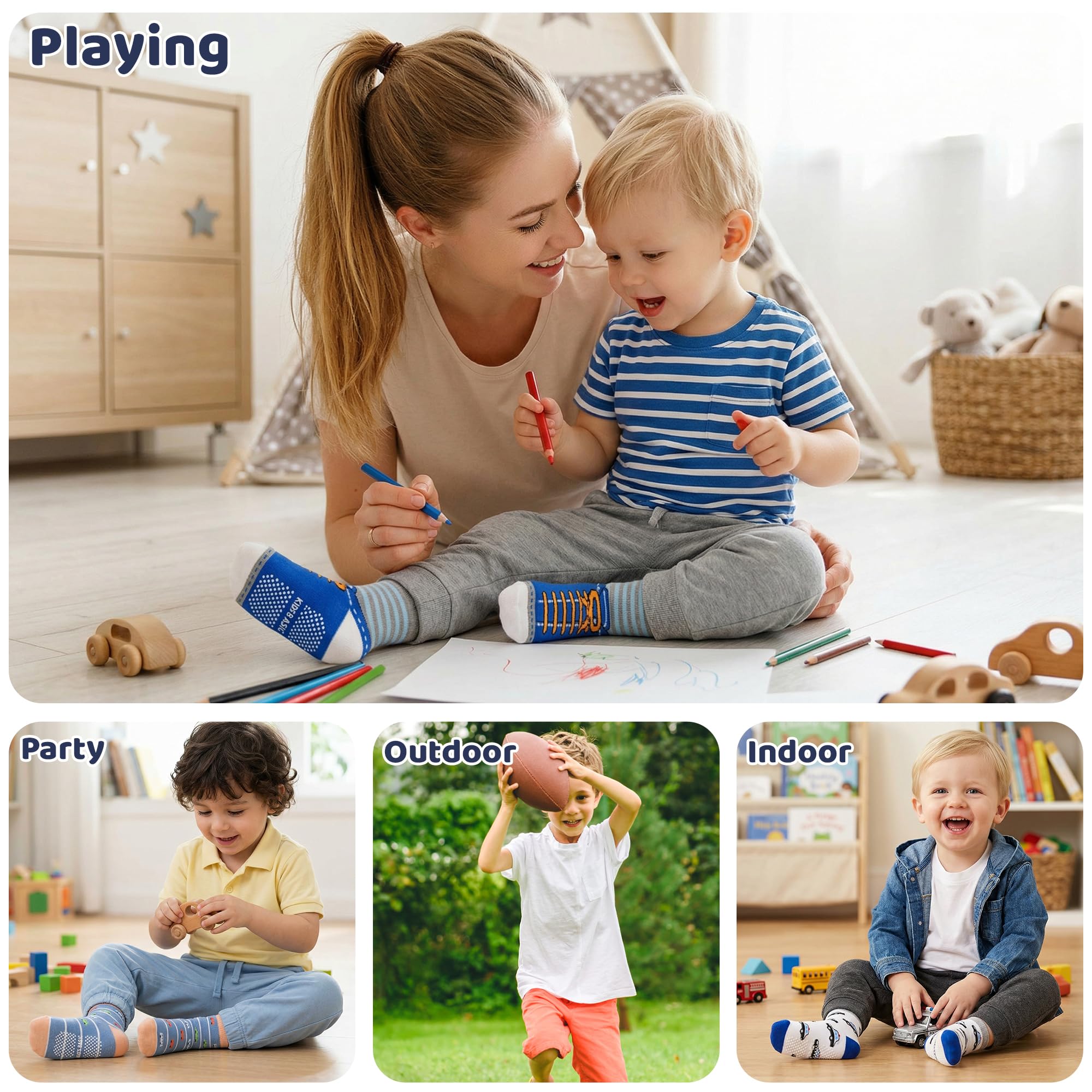 SkiBeaut Rutschfeste Socken für Kleinkinder, Jungen, Mädchen, griffige Kindersocken mit Greifern für 1–7 Jahre, 12 Paar