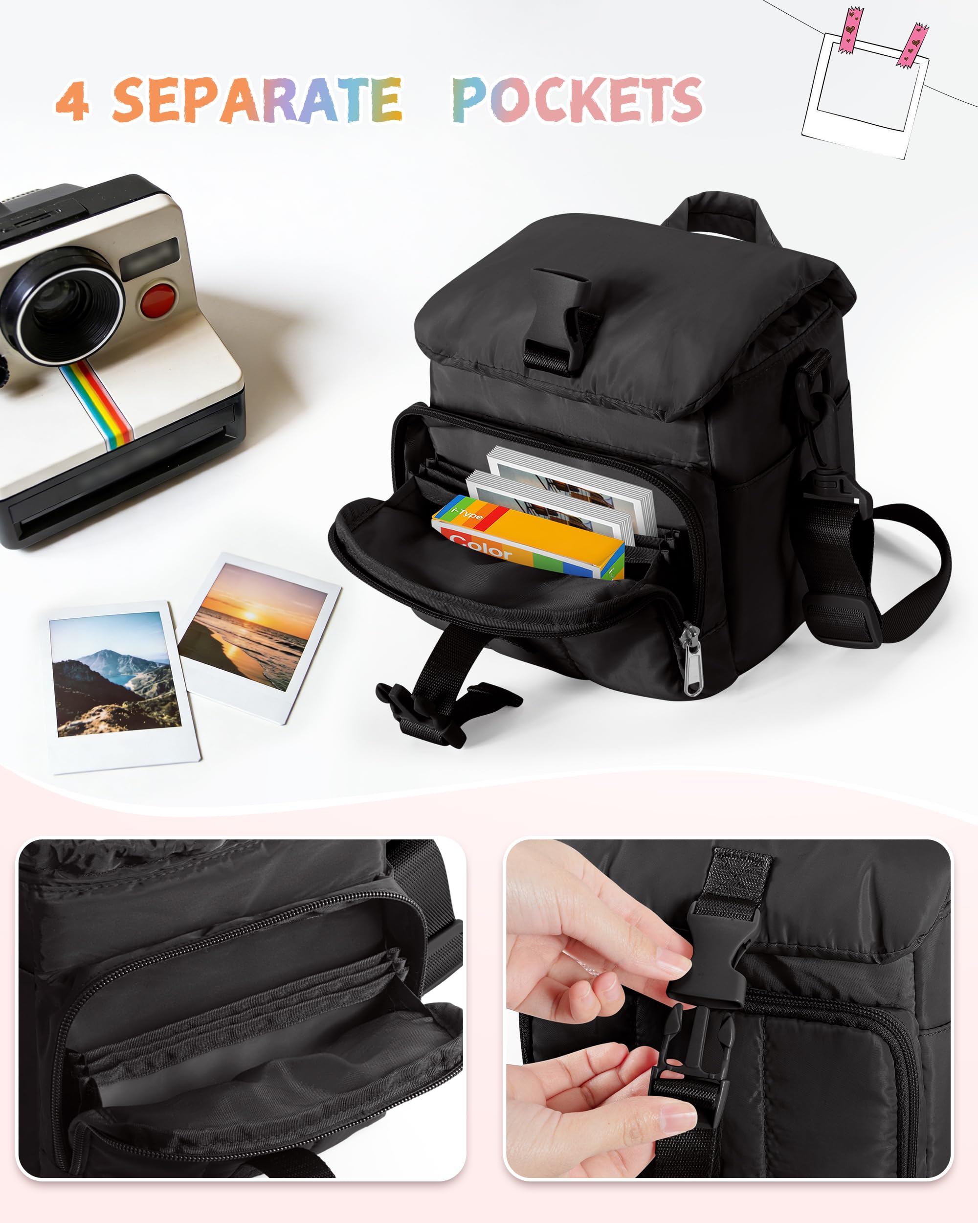 Custodia per Fotocamera Istantanea Compatibile con Polaroid Now 3rd e Go Gen2, Borsa a Tracolla Protettiva per Fotocamera con Tracolla Regolabile e Tasche, Nero