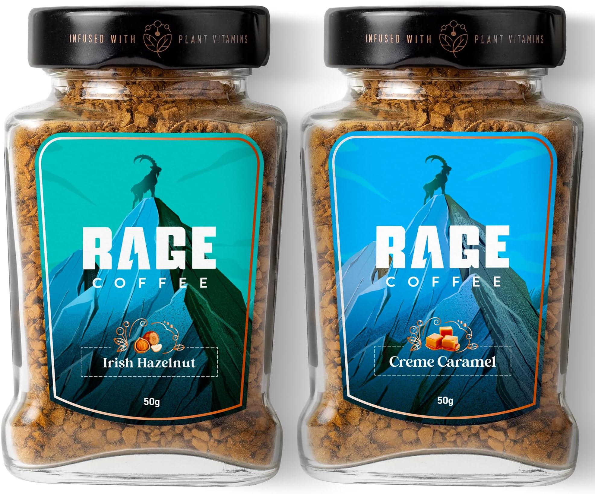 Flavoured Instant Coffee Combo Pack (Irish Hazelnut & Creme Caramel) | Made Using 100% Arabica Premium Coffee | Smooth, Low Calorie, No Added Sugar | Hot & Cold Coffee | 50g each (50 * 2)
