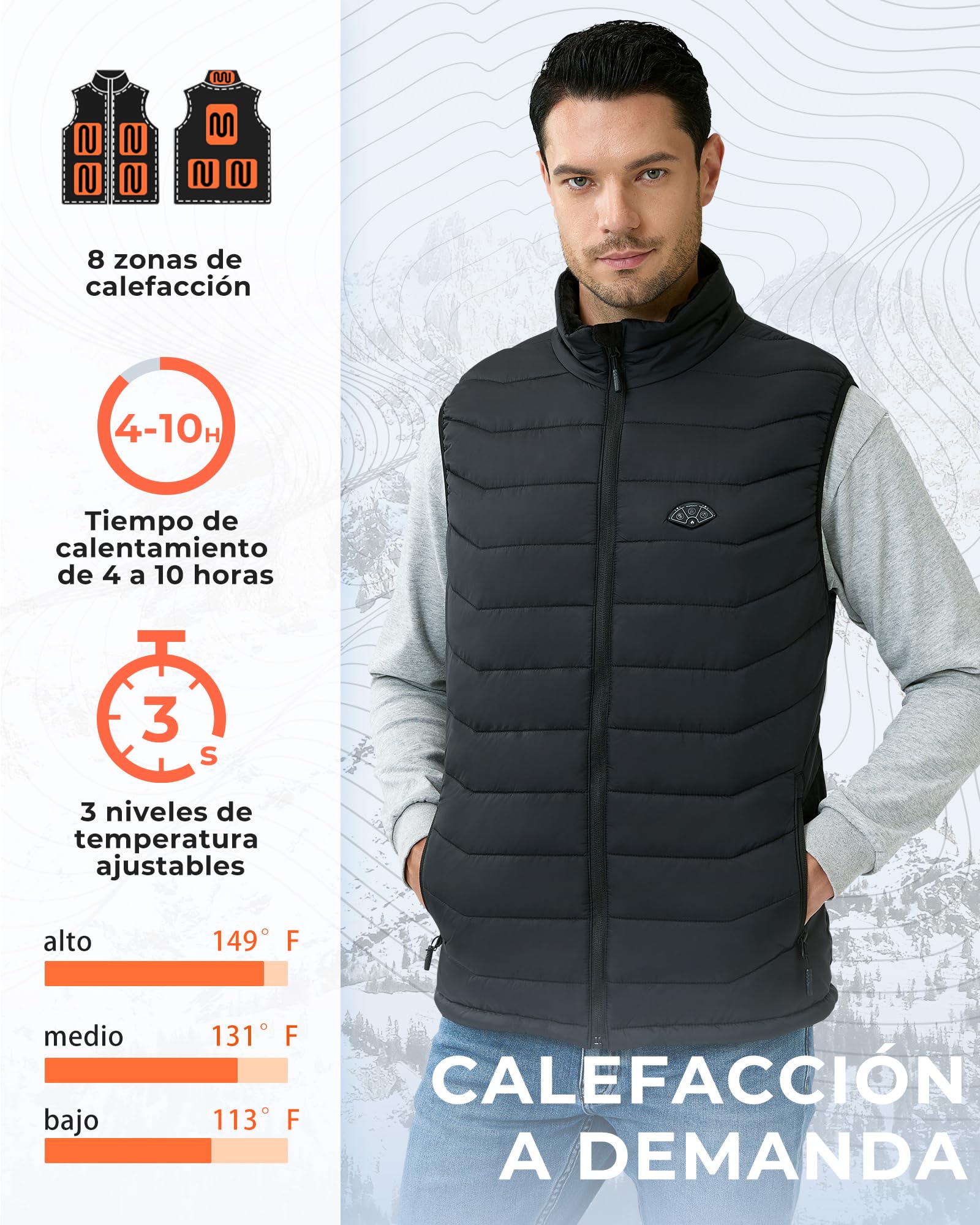 Topdot Chaleco Calefactable Hombre, Chaleco Calefacción Eléctrica con Batería de 7.4V 16000mAh Incluidas, 8 Zonas de Calentamiento, Chalecos de Invierno Cálidos para Exteriores, Senderismo, Acampada