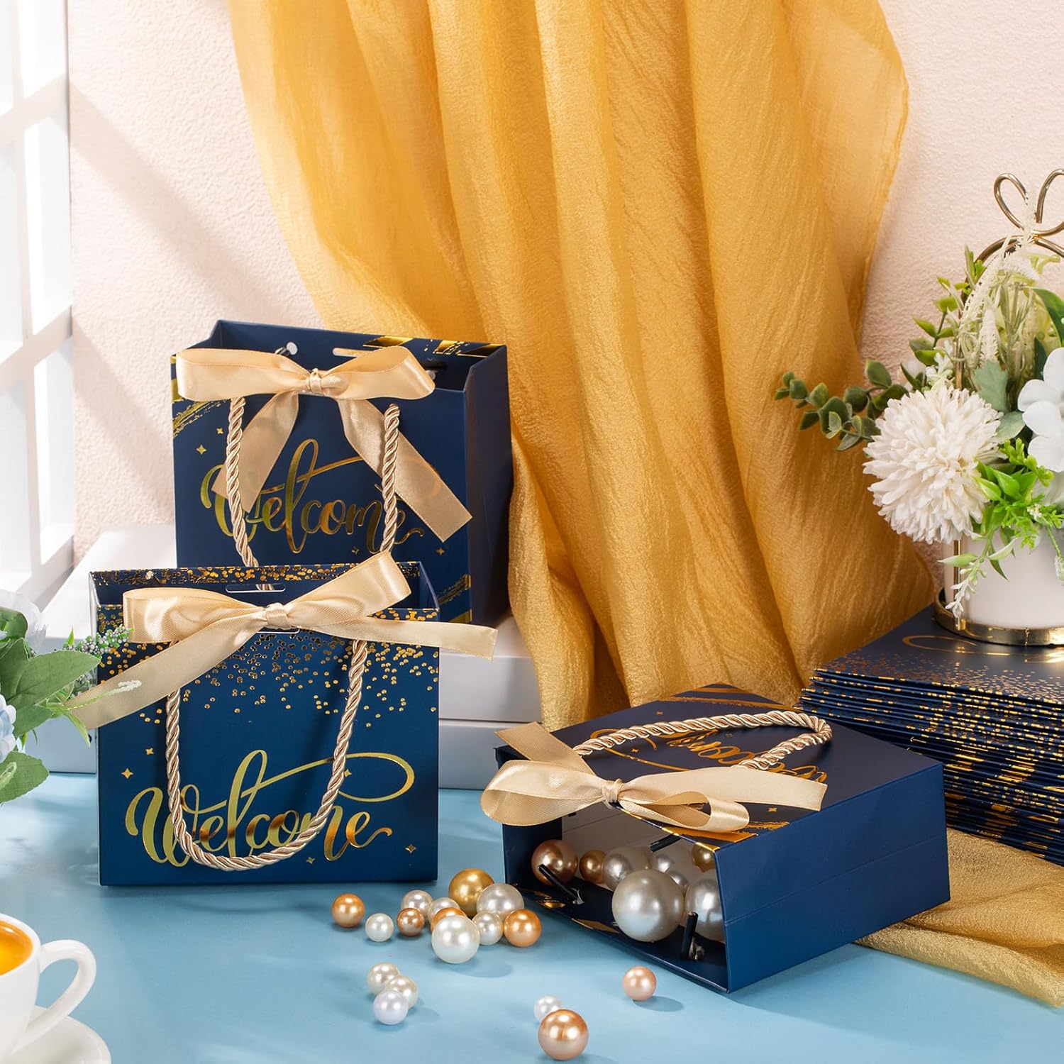 Kolldenn 30 Pcs Small Welcome Metallic Gift Bags with Handles and Bow 5.5x2.4x4.8'' Mini Navy Blue Paper Bag Bulk Gold Foil Valentine Welcome Party Favor for Wedding Church Visitors Guests Birthday - Image 5