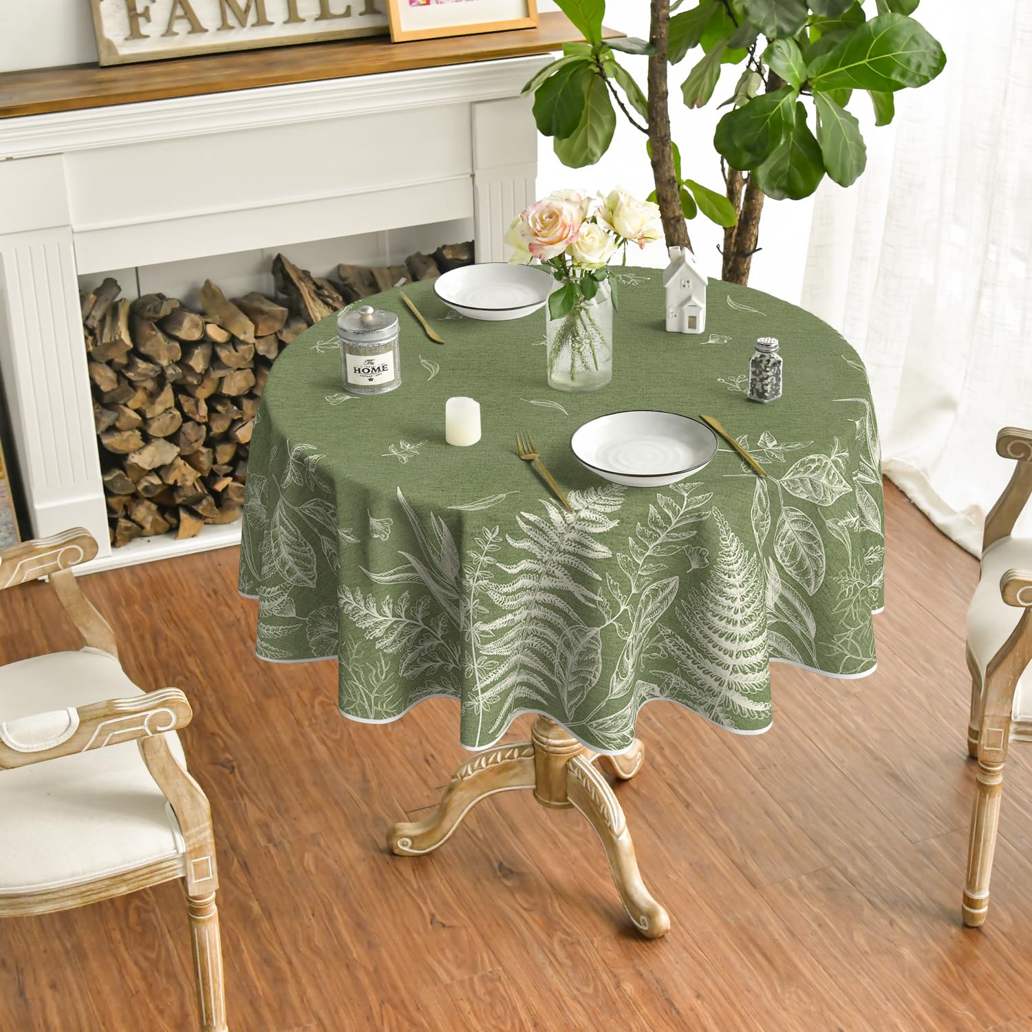Amazon｜Horaldaily 春テーブルクロス 70×70インチ 円形 緑の植物 野生