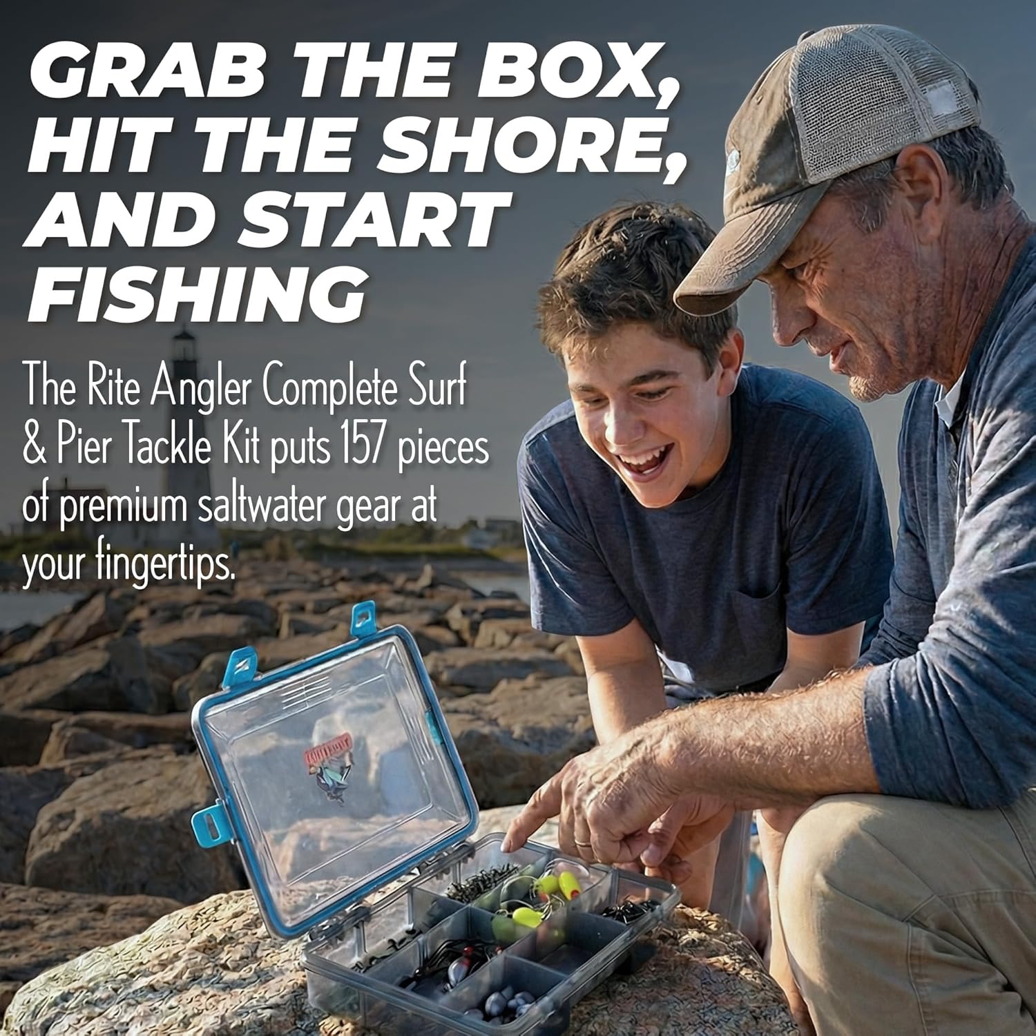 Rite Angler Fishing Tackle Kit - Complete 157-Piece Beach & Pier Fishing Accessories Set with Tackle Box, Lures, Hooks, Fish Finder & Swivels - Freshwater Gear Ocean Fishing Bait Kit