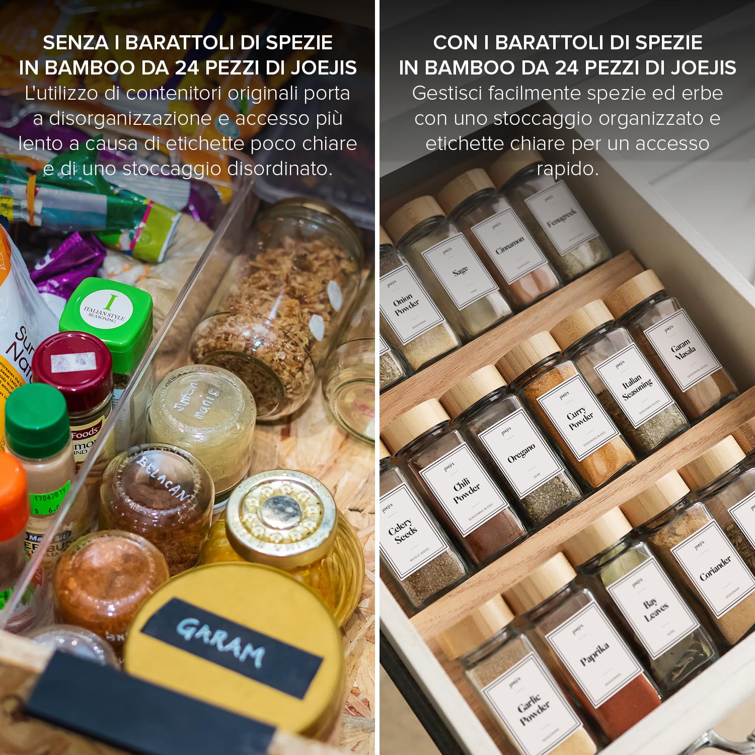 Set 24 Barattoli Spezie Con Coperchio Bamb&ugrave; - 120ml Con Etichette E Accessori