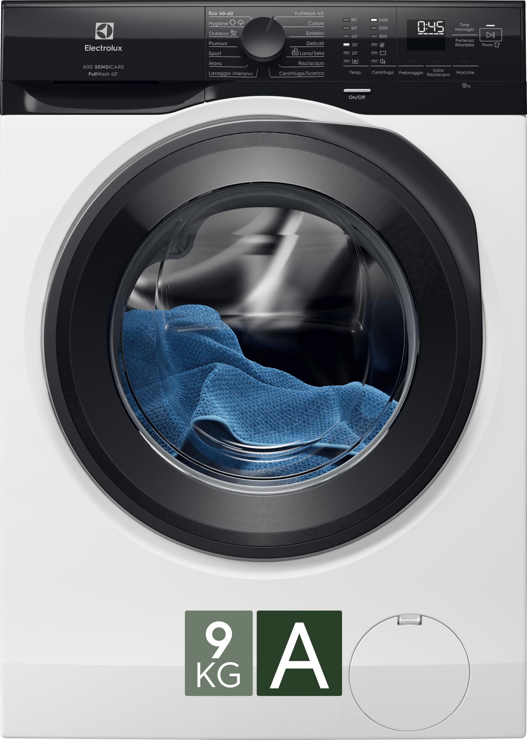 Electrolux EW6FZAM29 Lavatrice PerfectCare 600, 9 kg, Classe A, Tecnologia SensiCare, Programma Vapore, Opzione TimeSave, Motore Inverter, Display LED, Bianco