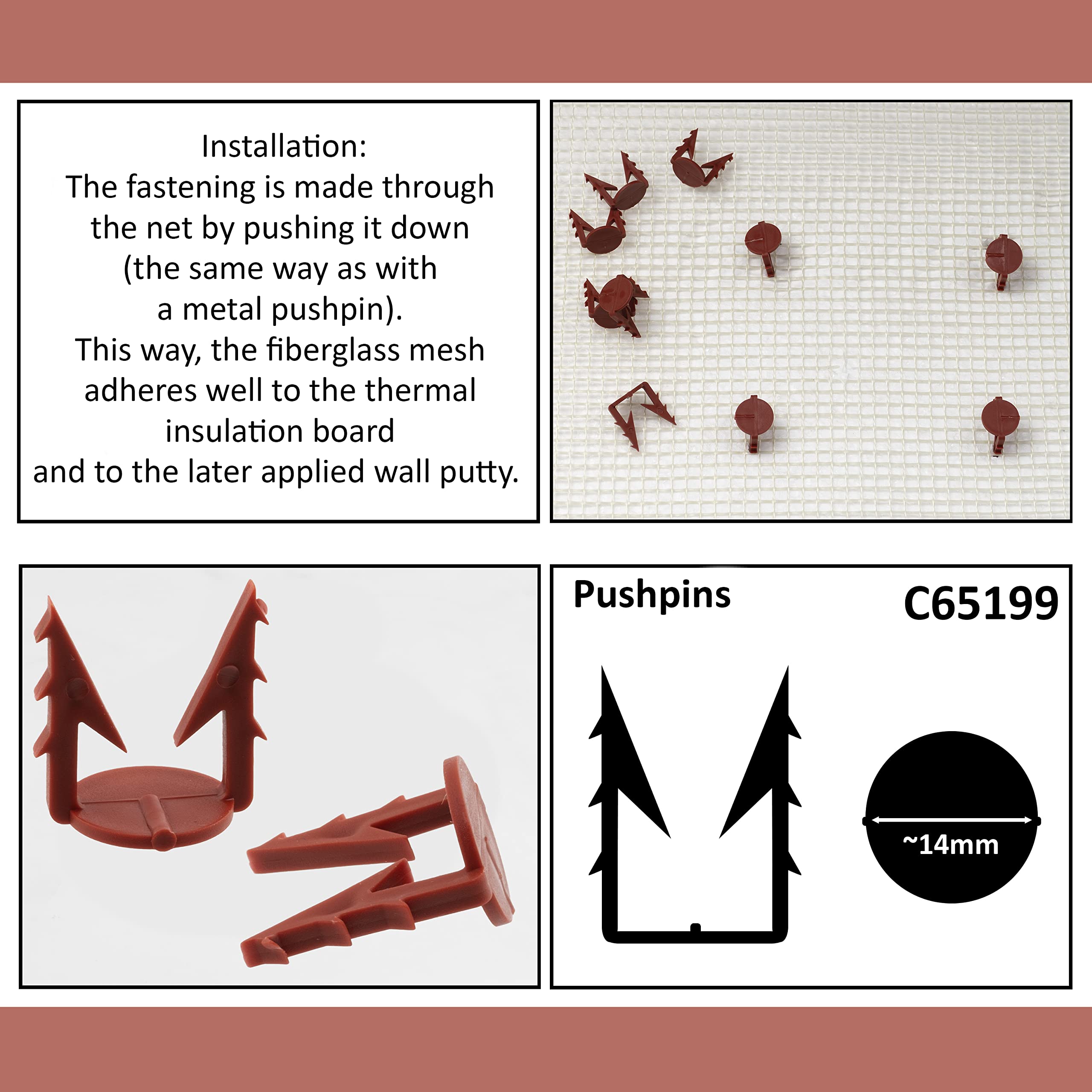 AERZETIX - C65199 - Set di 100 clip di fissaggio per rete/traliccio armato in fibra di vetro Ø14x20mm - in plastica - piastra polistirene espanso estruso lavoro supporto intonaco edilizio stucco colla
