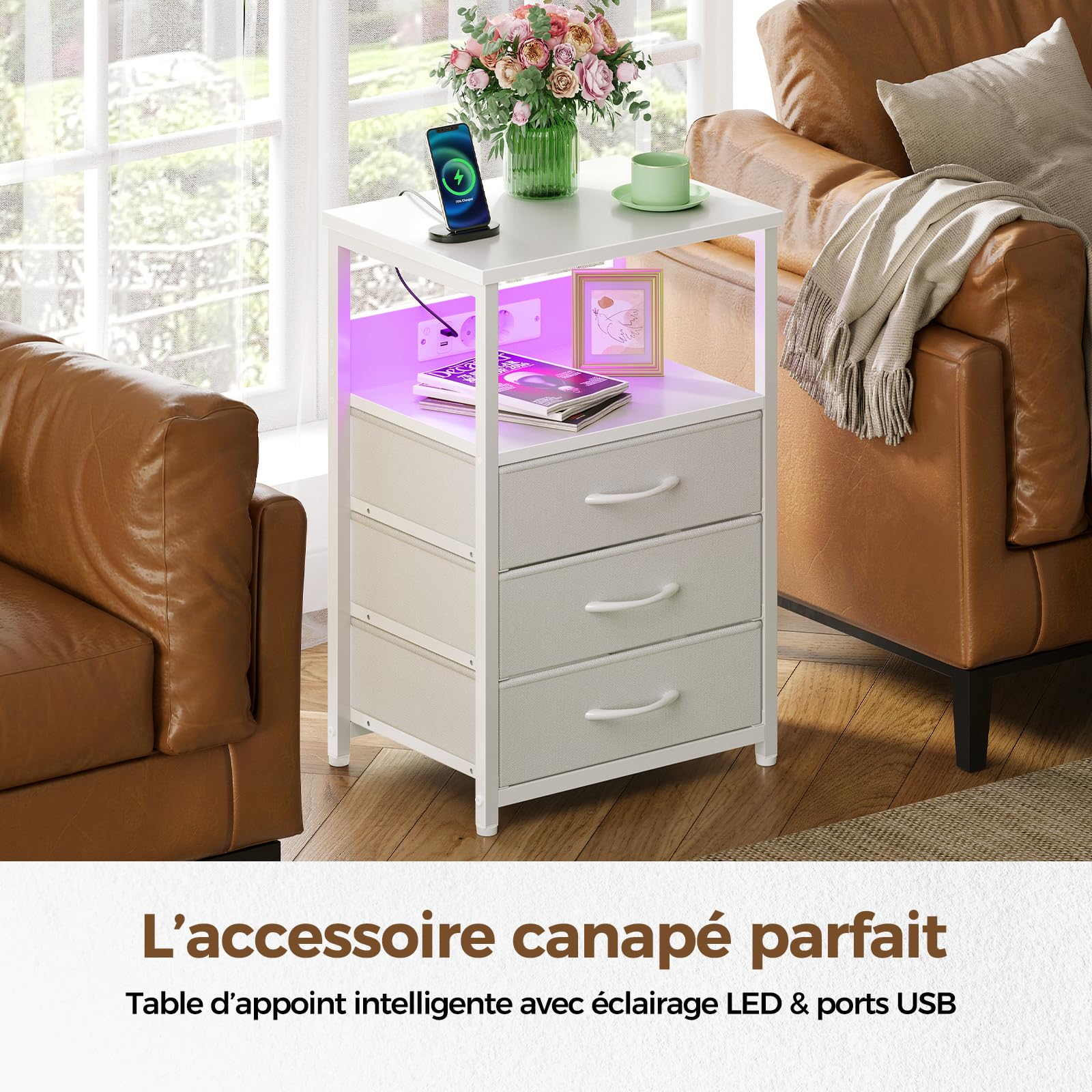 Seventable Lot de 2 Tables de Chevet connectées - avec 3 tiroirs, Prises USB et éclairage LED - pour Chambre à Coucher, Salon ou canapé (2, Blanc)