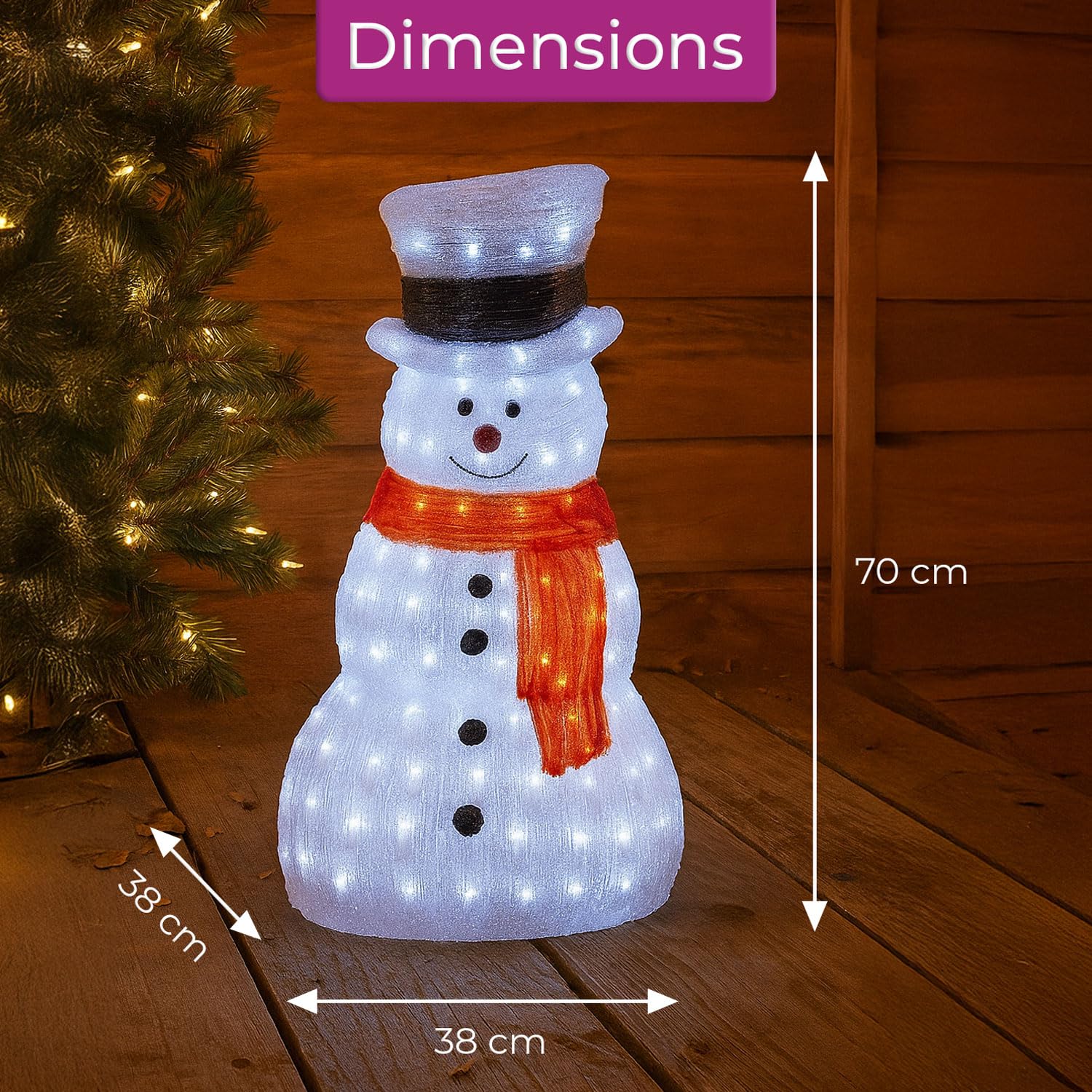 Neo Pupazzo di neve in acrilico, 70 cm, per esterni, festivo, Natale, giardino, portico, decorazione, esposizione, bianco caldo, luminoso, LED illuminato resistente alle intemperie