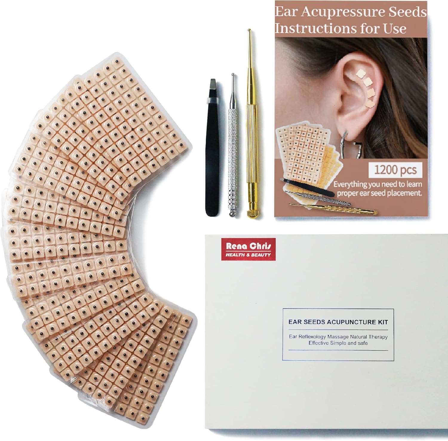 Multi-Condition Ear Seeds Acupuncture Kit, Facial Reflexology Tools, with Acupuncture Ear Press Seeds 600Pcs, Acupuncture Pen, Acupressure Ear Chart, Tweezers : Health & Household