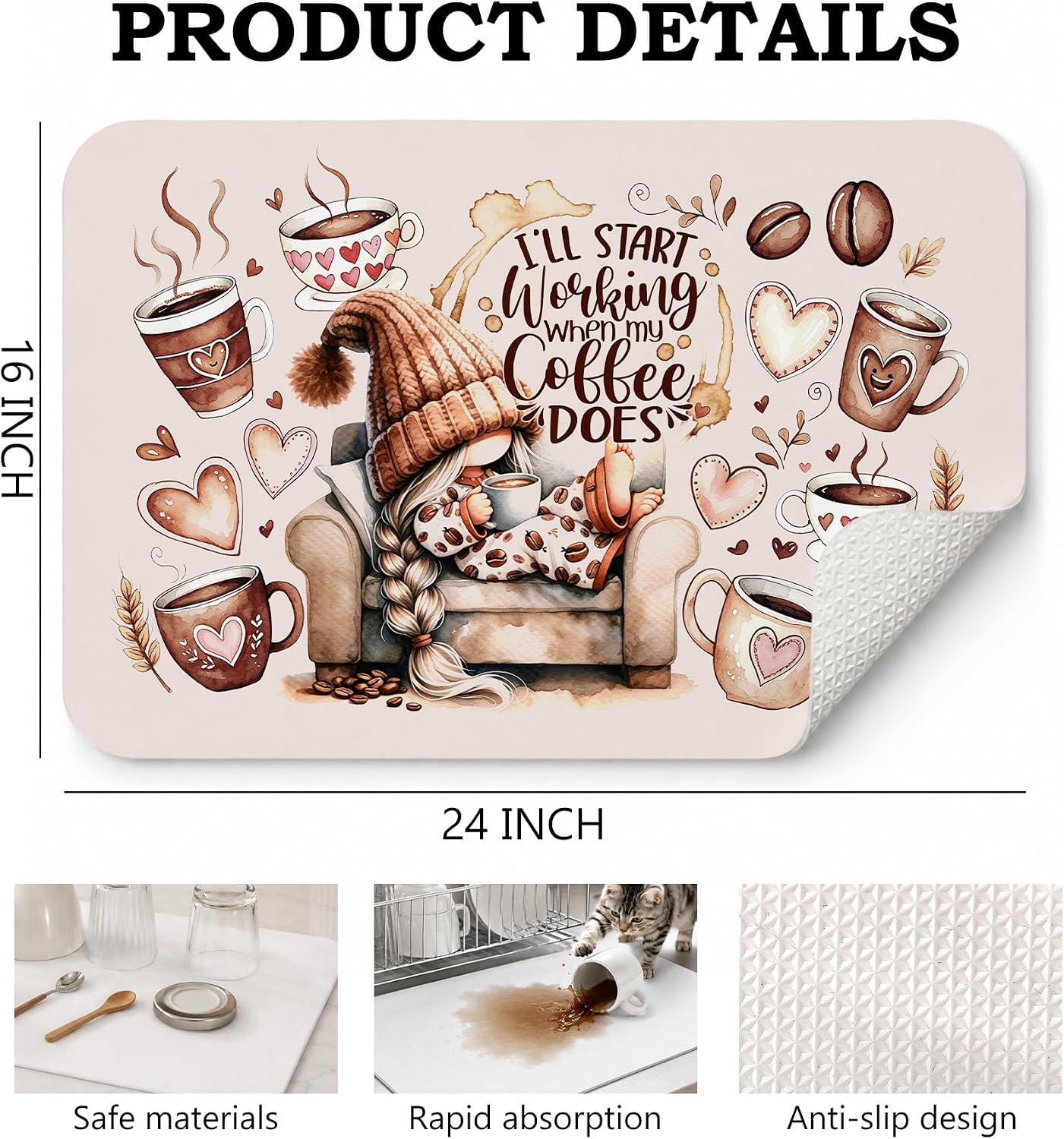Gnome Coffee Lovers Dish Drying Mat 16x24 Inch 080GZD | Gnome Coffee Bar Kitchen Decor,Cozy Funny Gnome Dish Drying Coffee Mat for Kitchen Countertops Coffee Maker