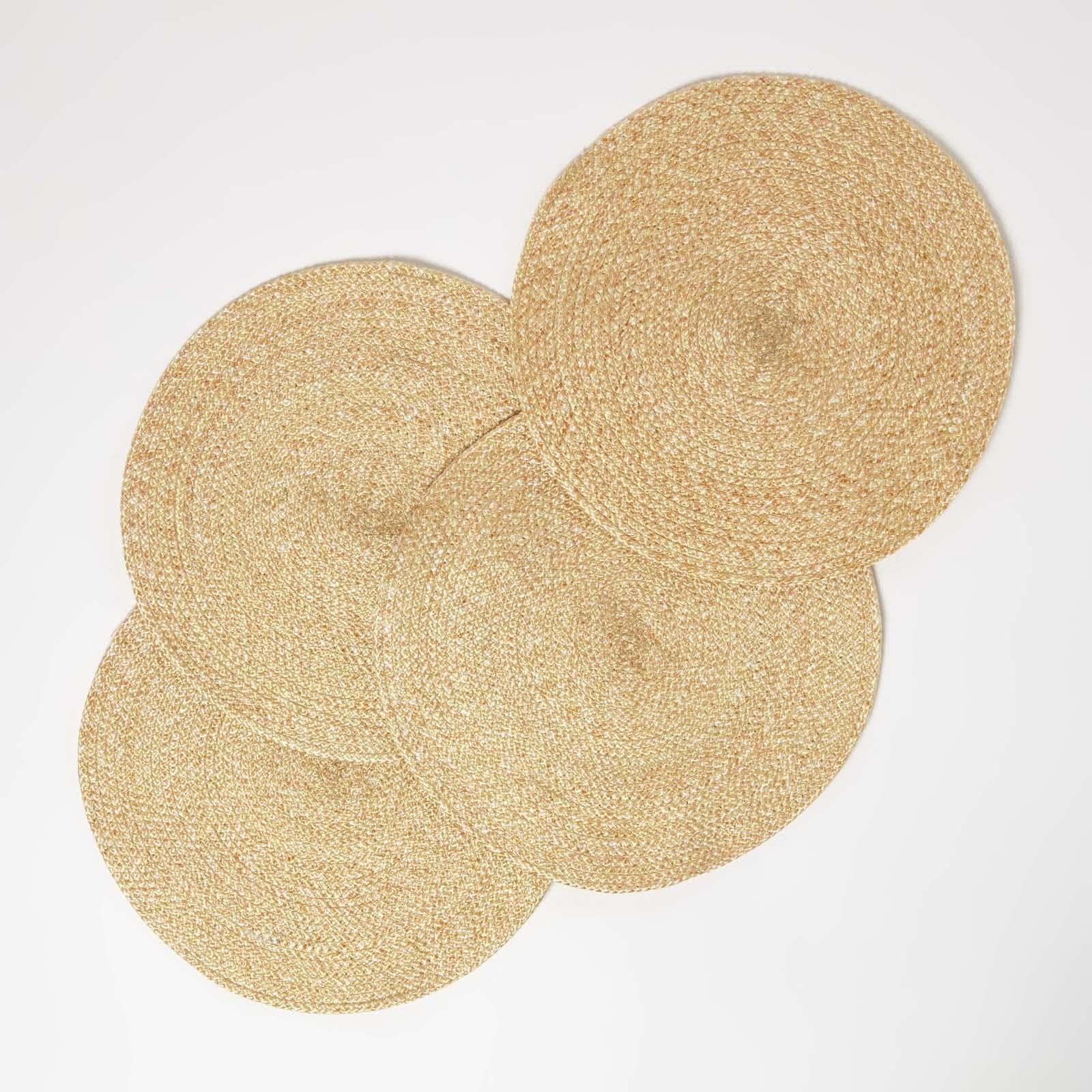 Homescapes Gold Set Of 4 Handwoven Placemats With Braided Pattern And Non-Slip Back 40 Cm Round Table Mats For Indoor & Outdoor Use