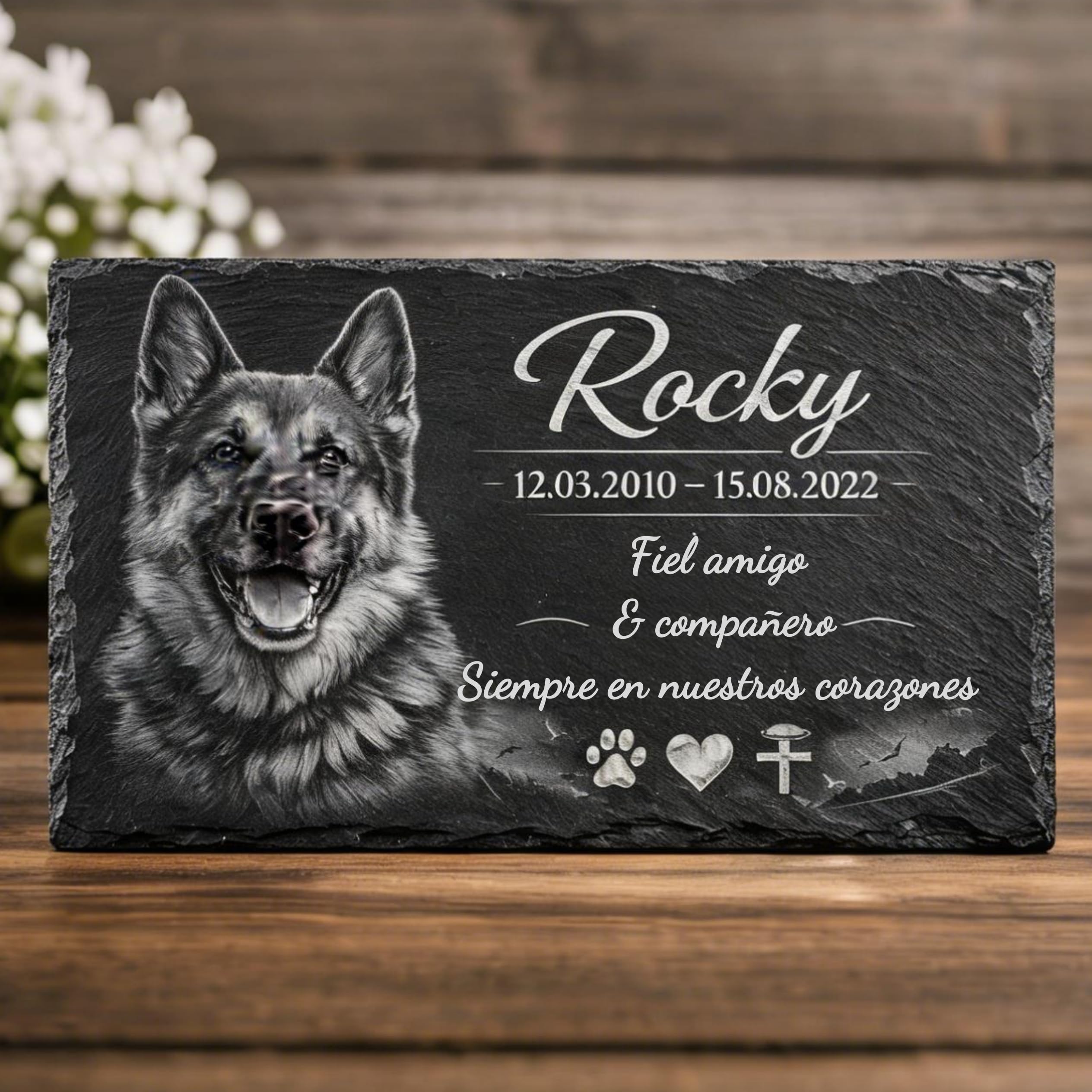 Placa Conmemorativa Personalizada para Mascotas en Pizarra Natural – Memorial para Perro o Gato con Foto y Texto Grabado – Apta para Exterior – 30x15 / 30x20 / 40x30 cm