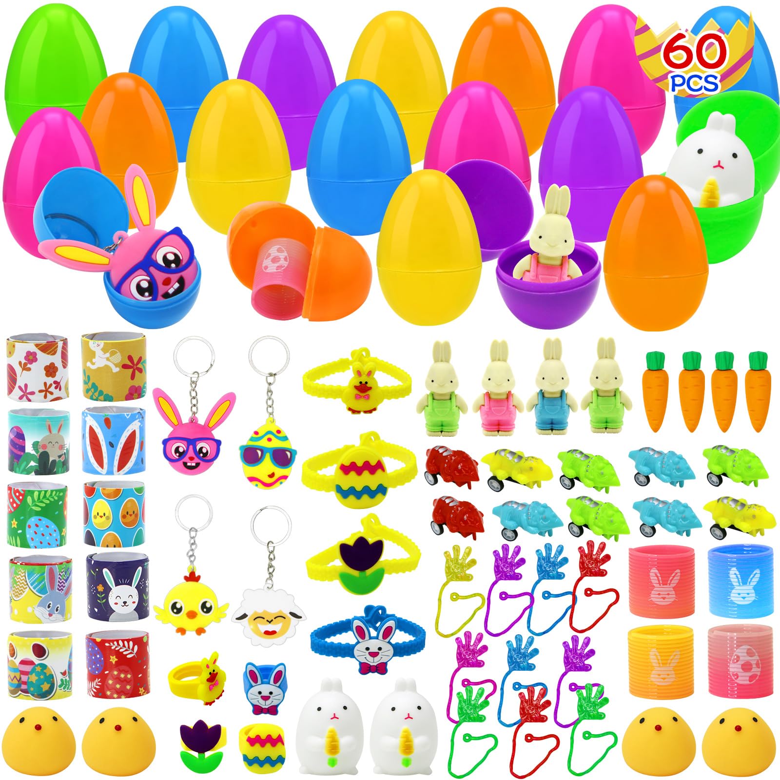 Giaueoa 60 Pcs Prefilled Easter Eggs with Assorted Toys, Plastic Easter Eggs Filled Toys Perfect for Easter Eggs Hunt, Easter Basket Stuffers and Party Favors for Kids Boys and Girls