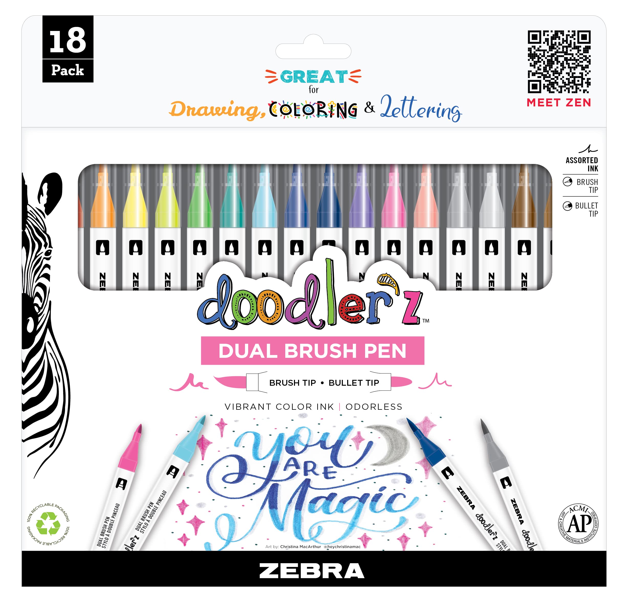 Photo 1 of [MISSING PARTS] Zebra Pen, doodler’z Dual Brush Pens, Assorted Colors, Flexible Brush Tip and Fine Bullet Tip for Journaling, Hand Lettering, Coloring, Water-Based Ink, Blendable and Layer-Friendly, 18-Pack (61008)