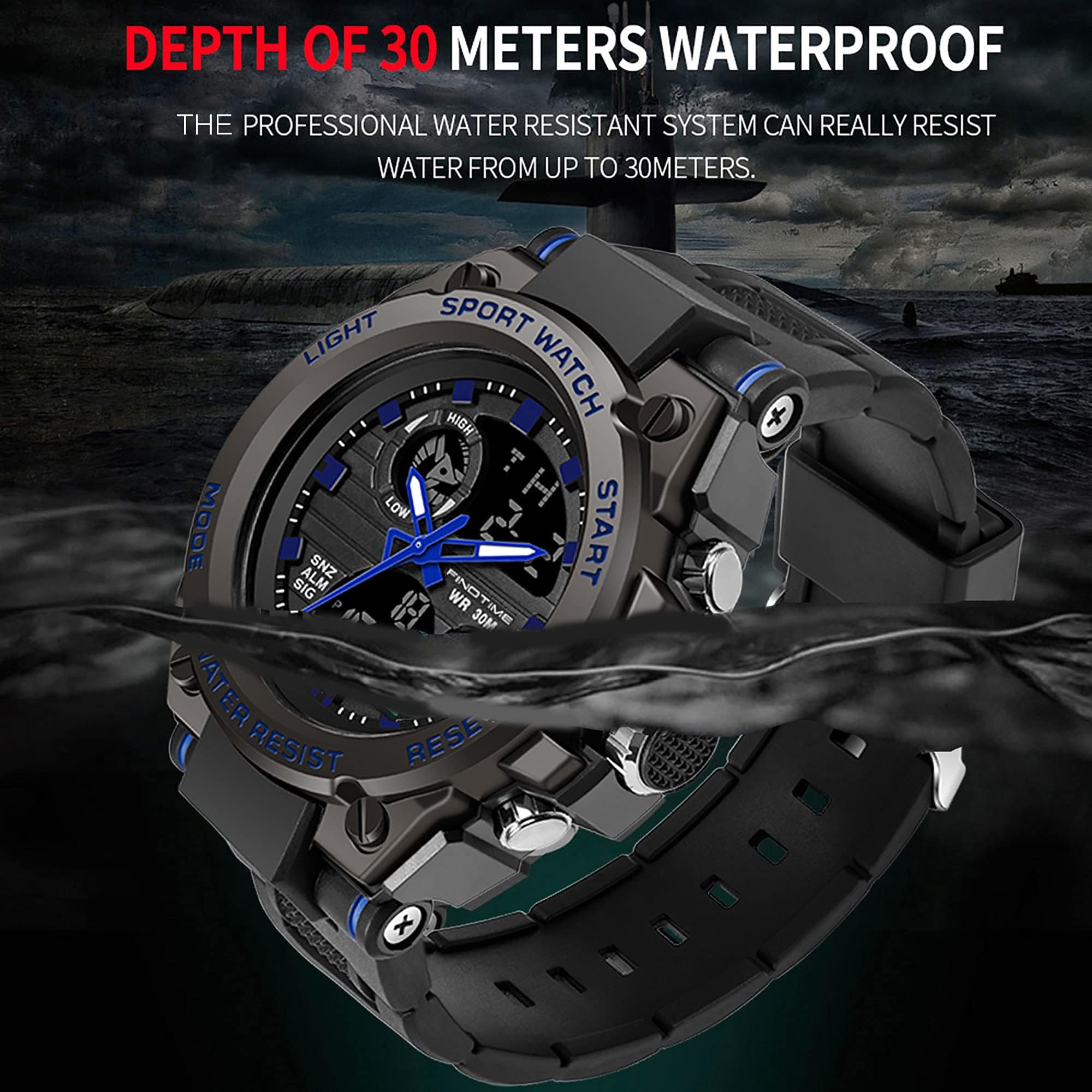 findtime Montre Militaire Tactique de Sport pour Homme Chronomètre à Grand Cadran, Alarme, Double Affichage de l'heure, rétroéclairage, Montre-Bracelet étanche pour l'extérieur, analogique numérique