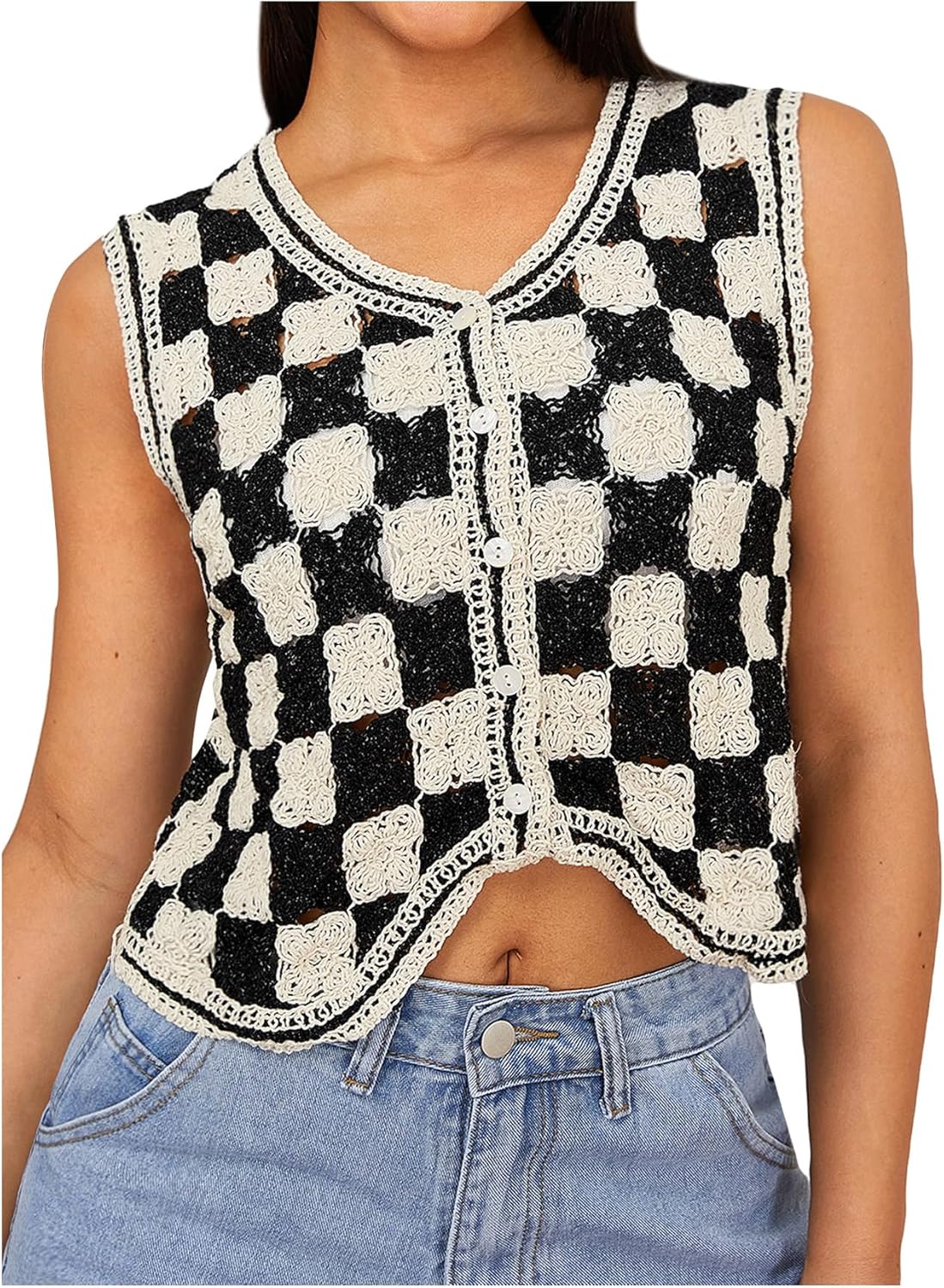 Verdusa Women's Sweater Vest Button Front V Neck Sleeveless Crochet Plaid Checkered Knit Sweater Vest