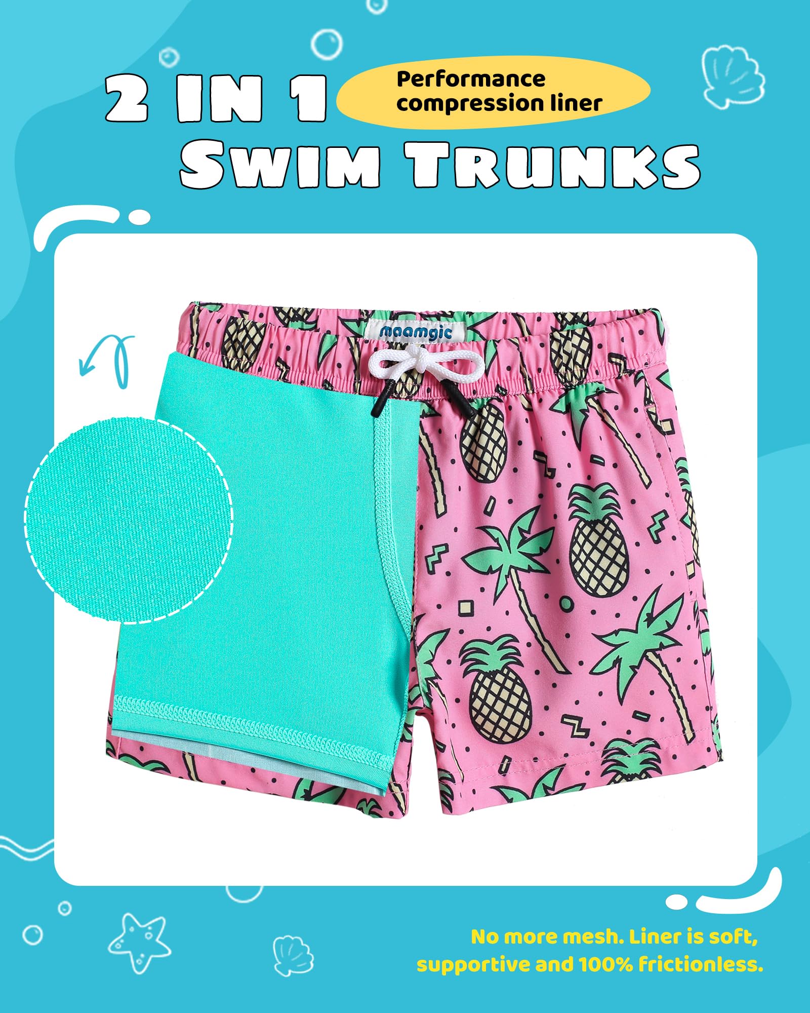 MaaMgic Costume da bagno per bambini, ad asciugatura rapida, pantaloncini corti da nuoto per piccoli, pantaloncini da bagno 2 in 1 con compressione, tasche con coulisse regolabile