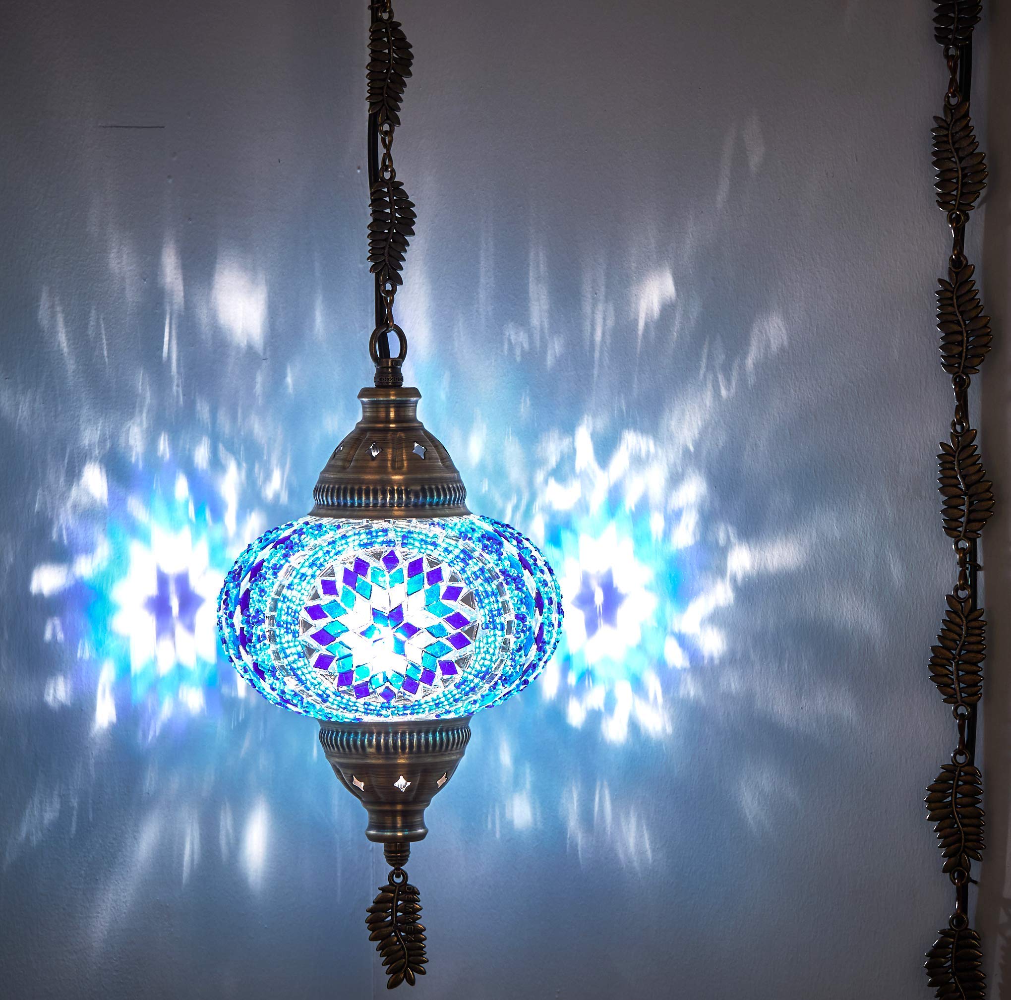 DEMMEX Plug in Pendant Light, Turkish Moroccan Mosaic Ceiling Hanging Pendant Light Fixture Lamp, 6.5" Shade, 15ft Thick Leaf Type Metal Chains, Cord & Plug (Blue)