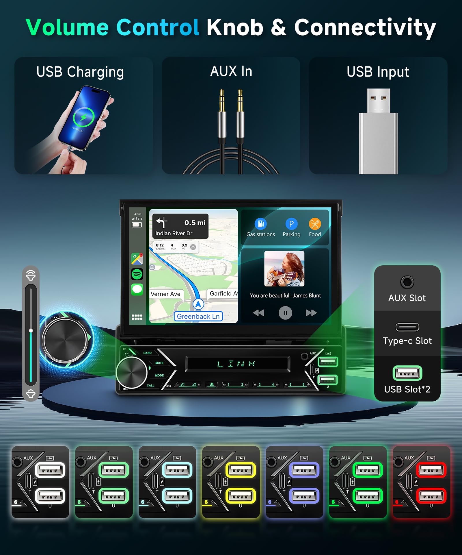 Autoradio Dab 1 DIN, CarPlay sans Fil, Android Auto, Radio 7 Pouces avec écran rétractable Automatique, Radio Bluetooth, Commande au Volant/Lien Miroir/égaliseur/USB-C + caméra de recul