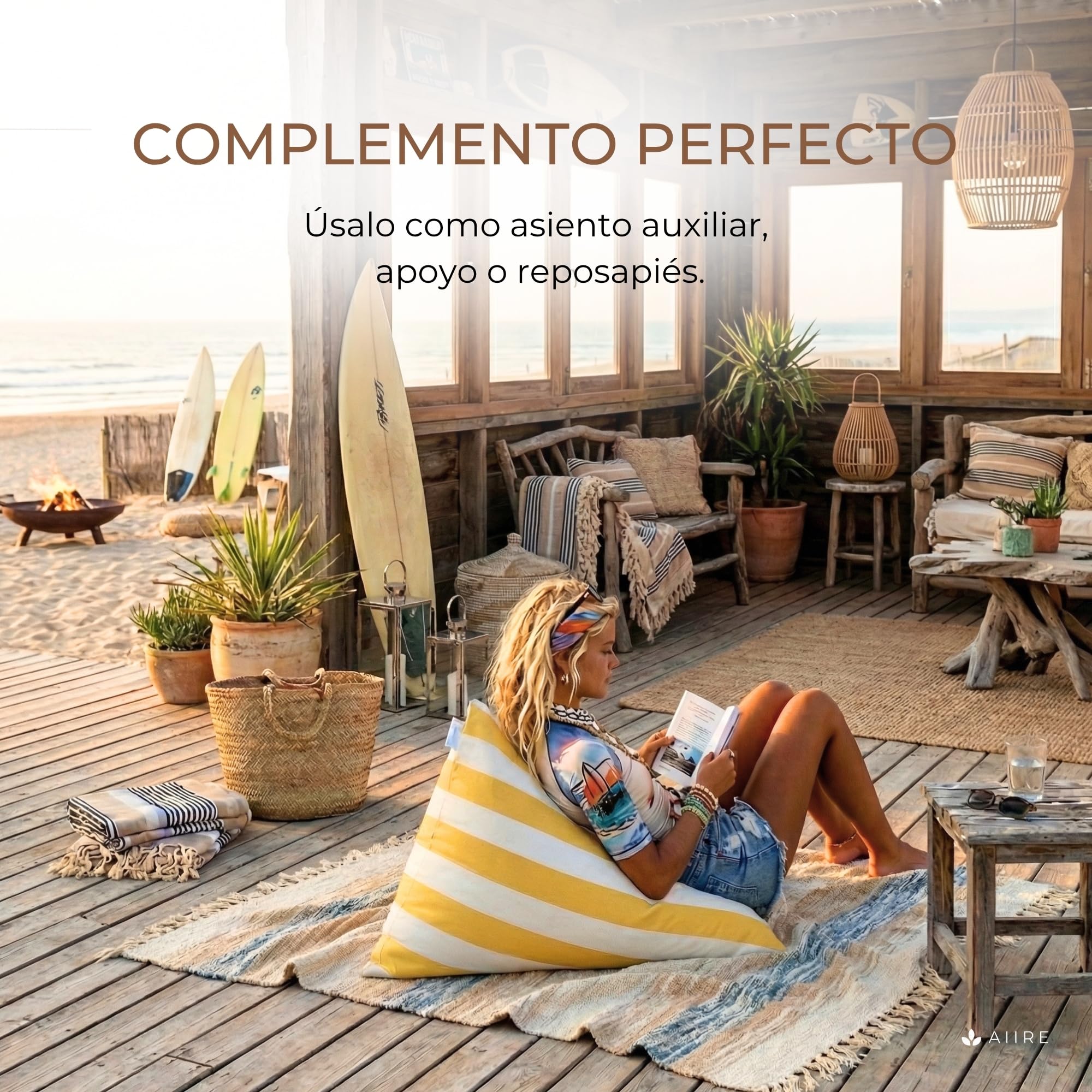Aiire Puff Exterior Jardín con Relleno Incluido - Tejido Olefina Premium, Desenfundable y Lavable - Sofá Exterior para Playa, Terraza o Piscina - Bean Bag Chair Ligero Amarillo [75x65x55 cm]