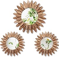 Gulfmew 3pcs Boho Sunburst Round Mirrors Rustic Wood Frame Farmhouse Wall Decor Hanging Art 17" & 12" Set