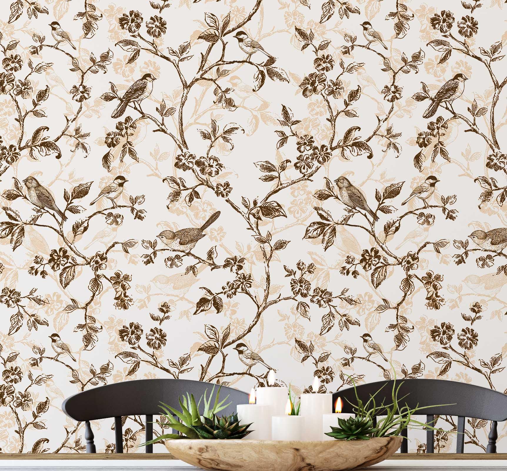 Papier peint autocollant oiseaux vintage pour créer un mur d'accent chaleureux dans le salon
