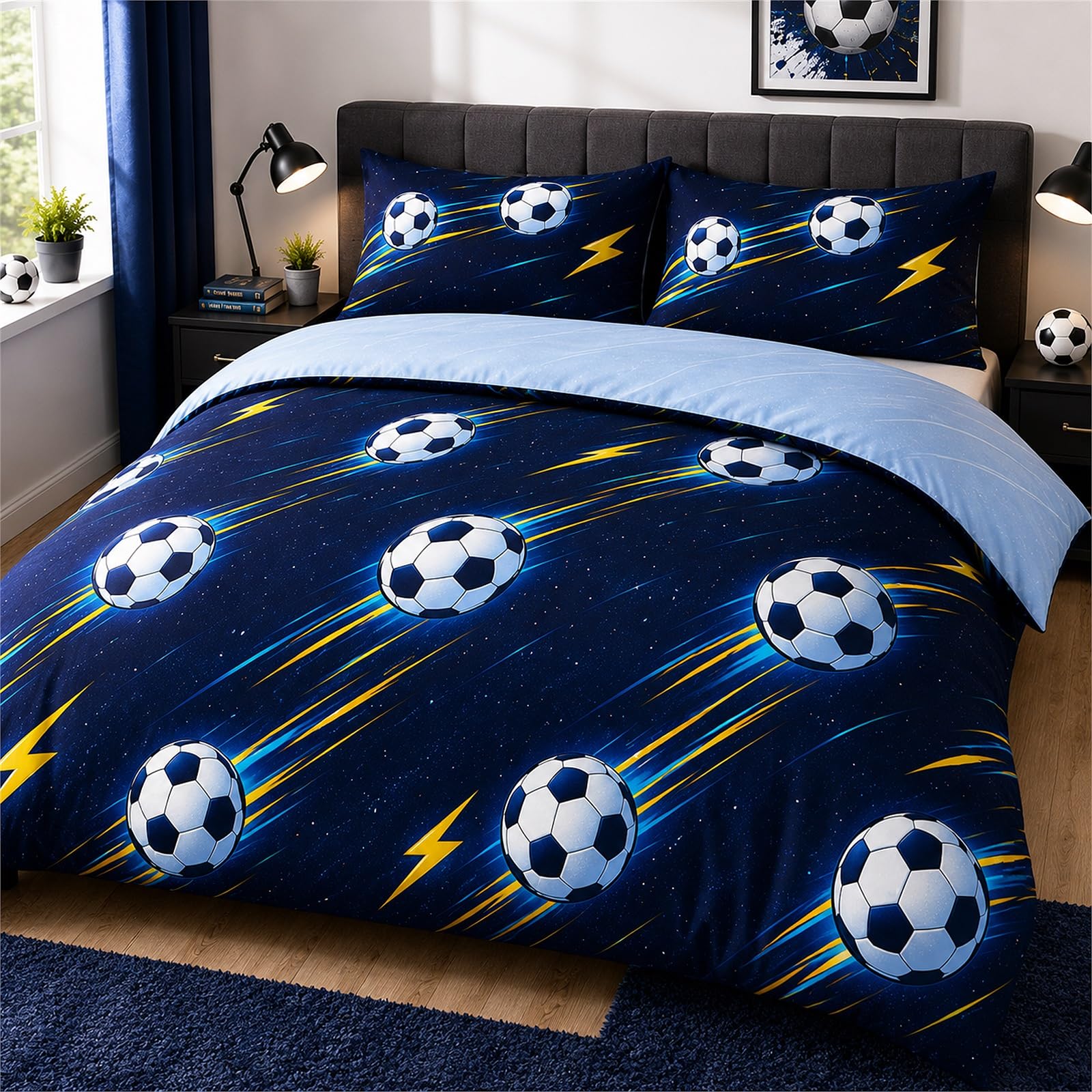 Vryxel Boys Kids Football Soft Bedding Single Duvet Cover Set Bed Zipper White Blue 135 x 200 CM