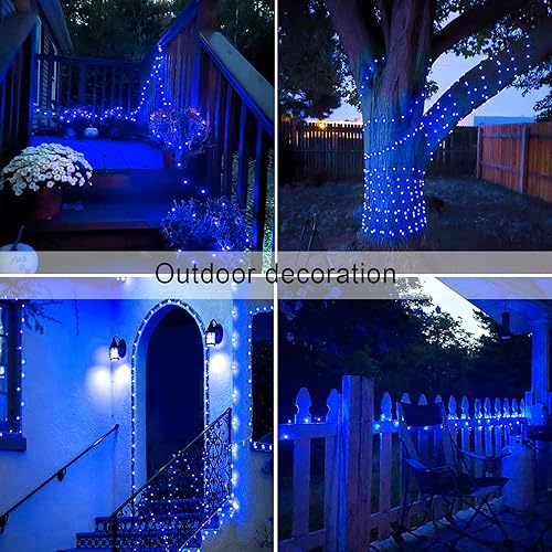 Vista 6 de JMEXSUSS Paquete de 2 luces de hadas azules que funcionan con pilas, 100 luces LED azules de 33 pies impermeables con temporizador remoto, luces