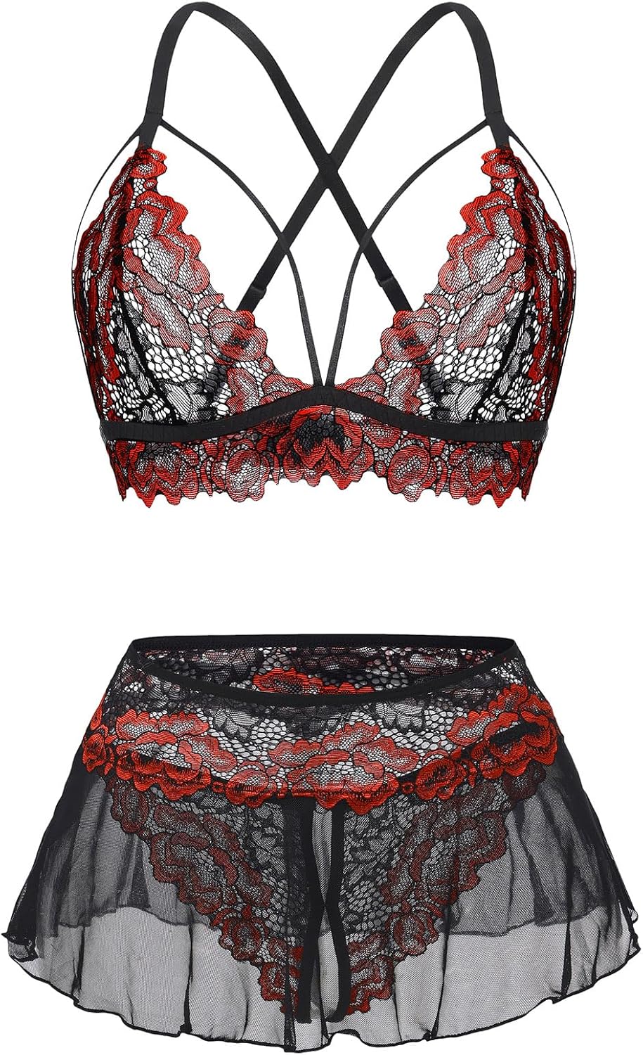 Lilosy Sexy Strappy Bralette Mini Skirt Floral Lace Mesh Sheer with Thong Otufits Lingerie Set 3 Piece - Image 4