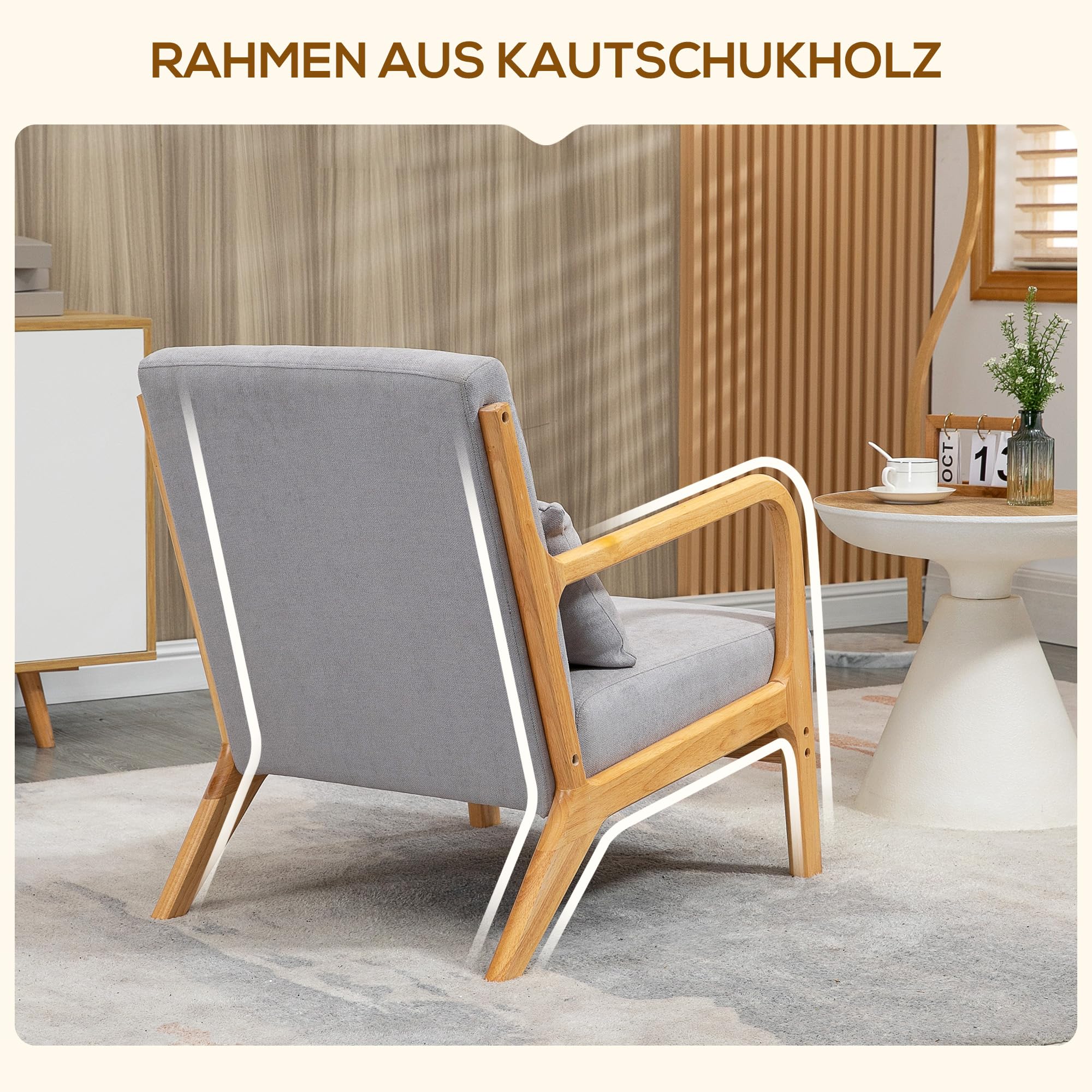 HOMCOM Sessel Loungesessel mit Armlehne, Lendenkissen, Gepolstert Relaxsessel mit Holzrahmen, Samtoptik, S-Feder, für Schlafzimmer, Wohnzimmer, Grau