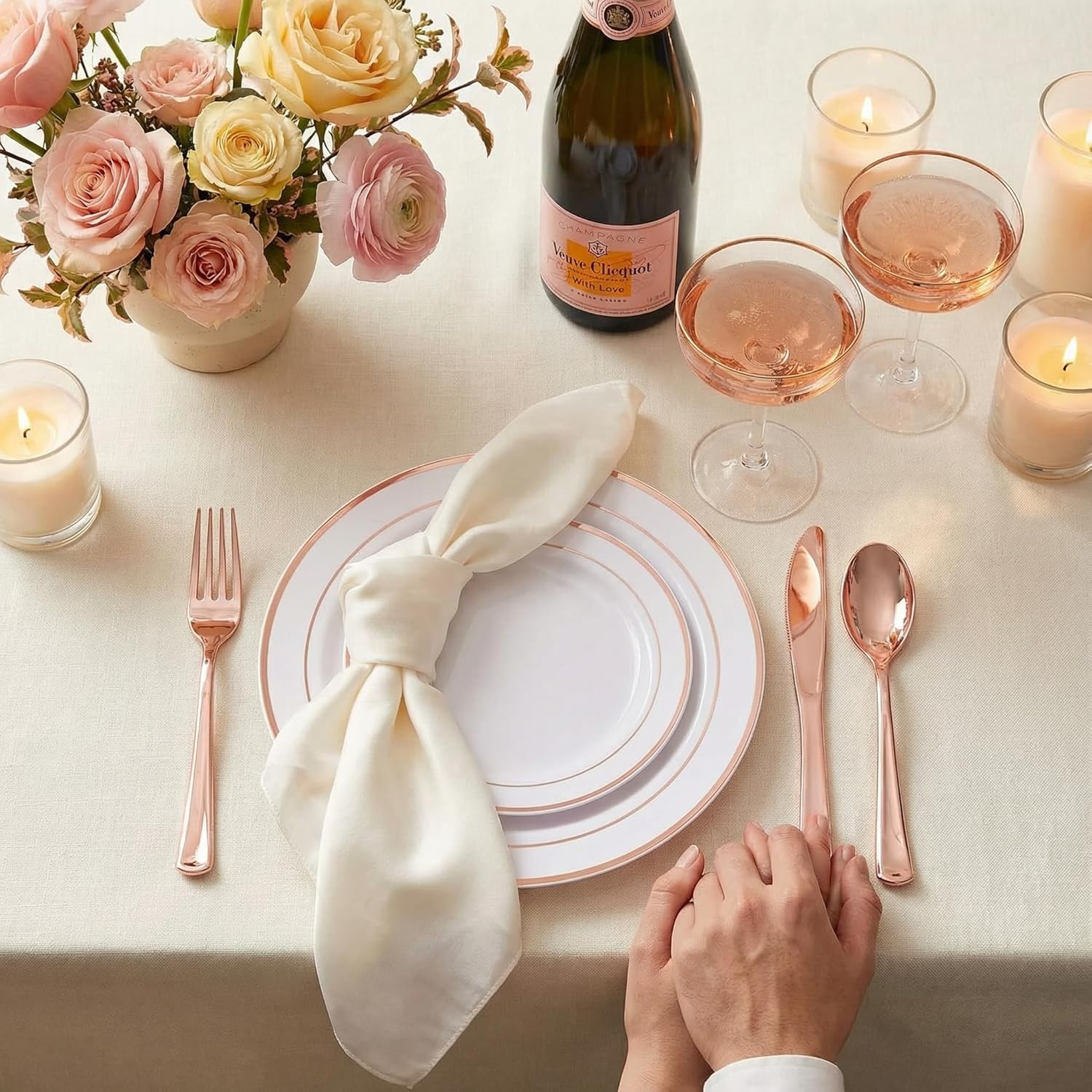 GATHER 350PCS Rose Gold Plastic Plates - Disposable Rose Gold Dinnerware Sets Includes 100 Gold Rimmed Plastic Plates, 150 Silverware, 50 Napkins, 50 Cups for Party, Wedding, Valentine's Day - Image 5