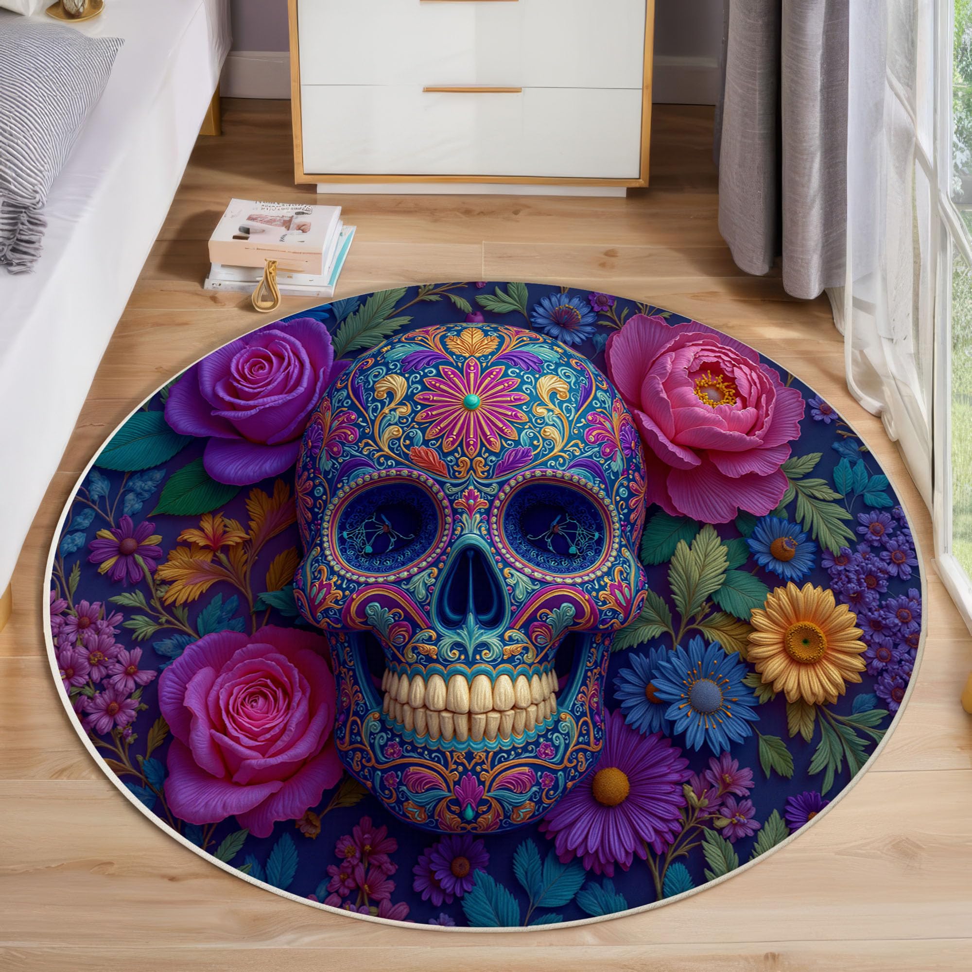 Tapis rond motif crane de sucre mexicain violet pour une ambiance chambre gothique