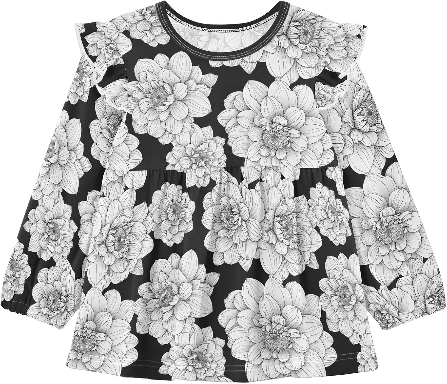 visesunny Toddler Clothes for Girls Sketch Dahlia Pattern Long Sleeve Fall Shirts Cotton Top with Ruffle Collar