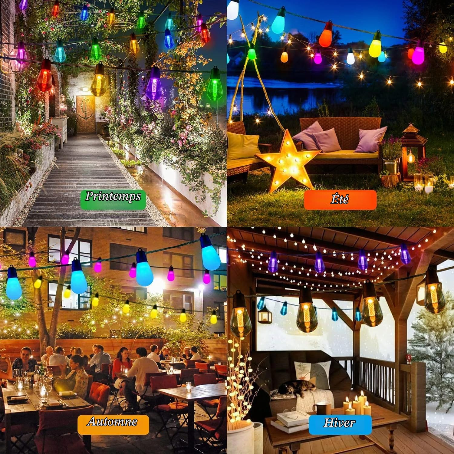 Guirlande lumineuse LED d'extérieur de 15 m, étanche IP65, multicolore, 20 ampoules RVB S14, application intelligente et télécommande contrôlée, pour terrasse, arrière-cour, fête, mariage, jardin