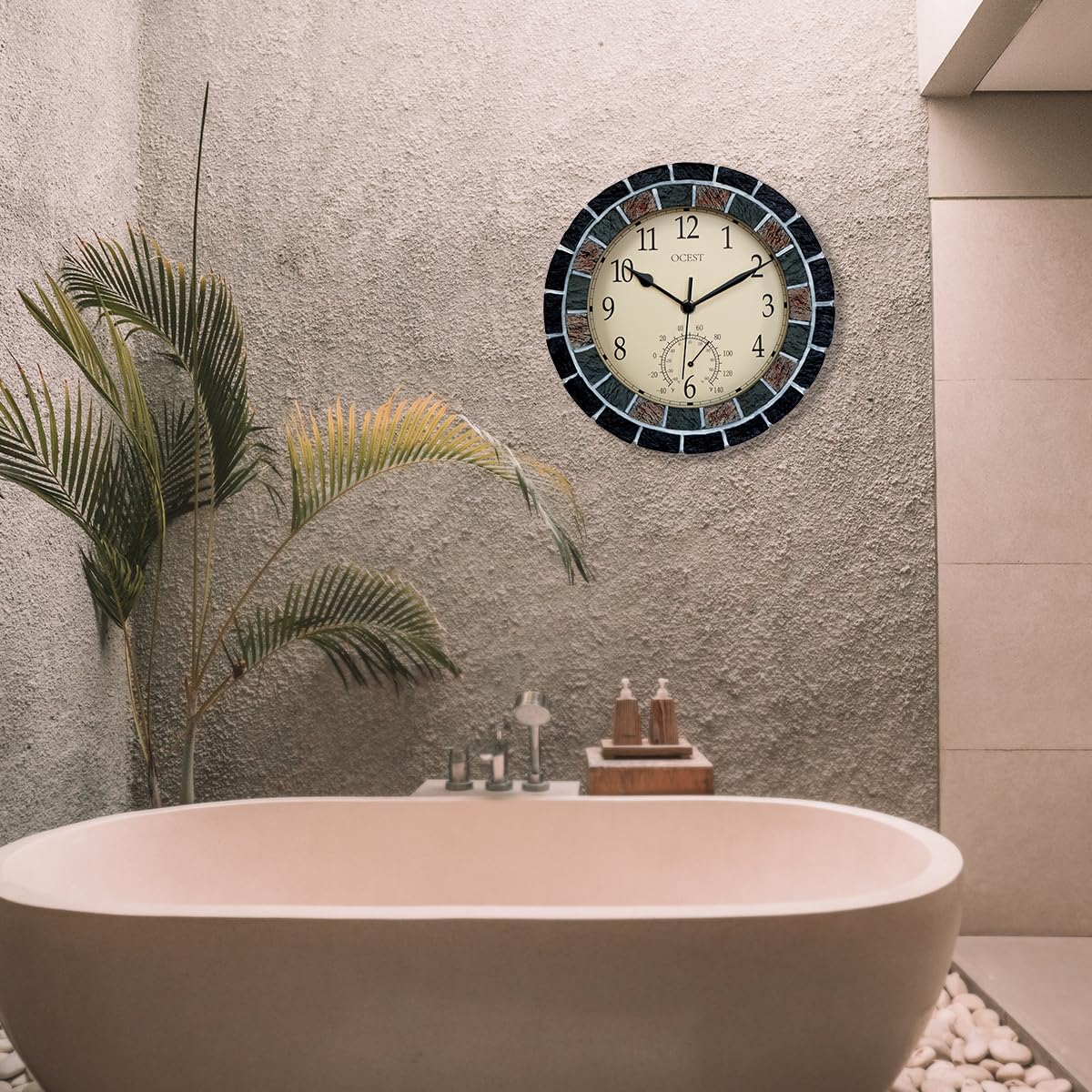 OCEST Horloges de jardin étanches de 26,7 cm, thermomètre, silencieuses, sans tic-tac, à piles, horloges murales rétro décoratives pour piscine, cuisine, terrasse