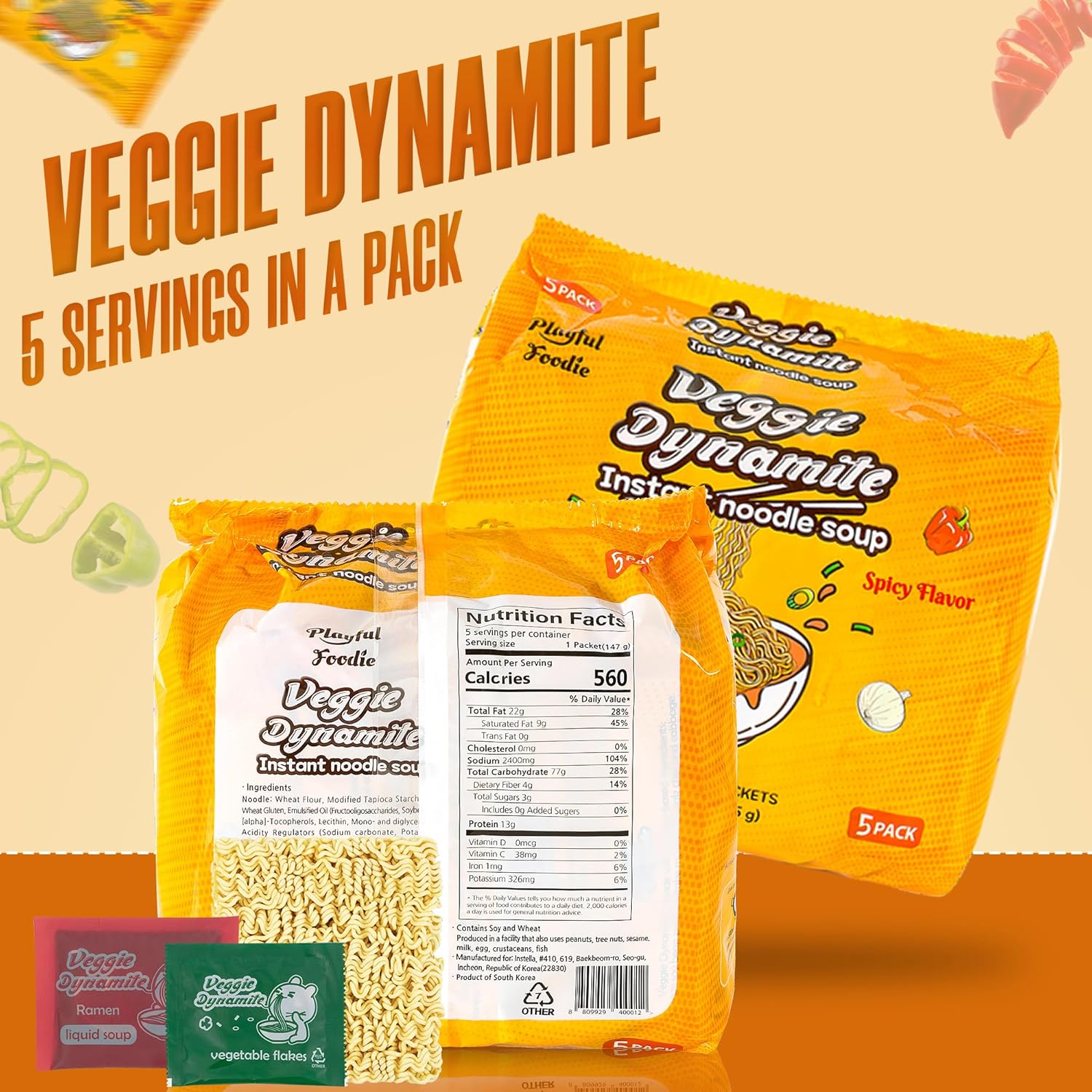 Delicious & Healthy Korean Veggie Instant Ramen Noodles | 100% Vegan & Nutrient Packed Veggie Dynamite with Low Sugar & 0% Cholesterol| Perfect Choice for Vegan Food Enthusiasts (5 pack)
