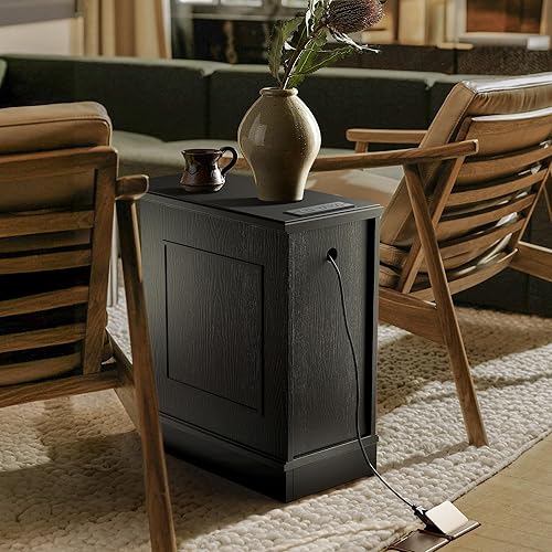 Miniatura 7 de Mesita de noche con estación de carga, mesa auxiliar de madera vintage con 3 cajones, mesa auxiliar estrecha Victoria, mesitas de noche delgadas